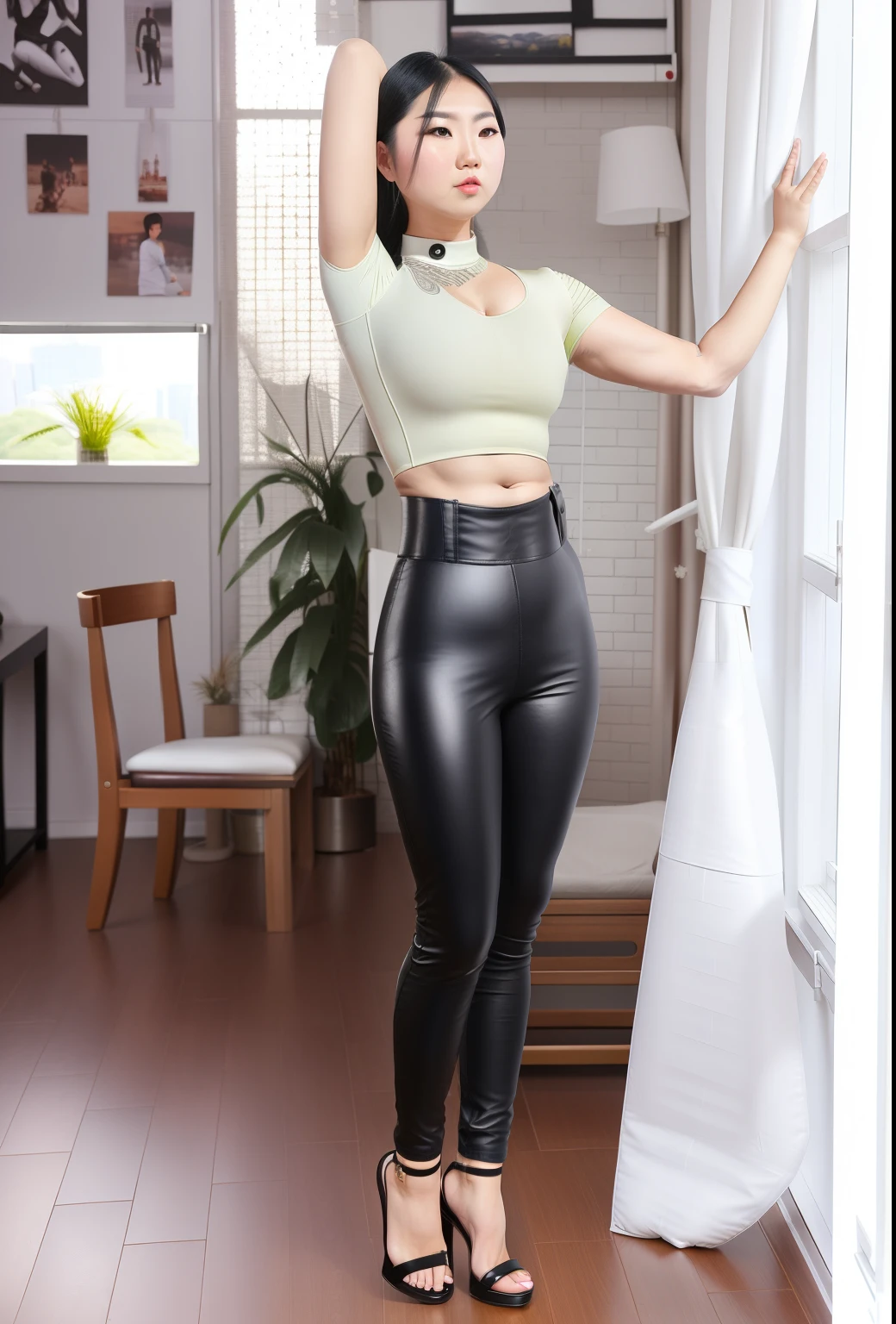 Wear tight leather pants,wearing bodysuit,Asia face,White skin of the,Arrogant look,mocking contempt expression,a little bit chubby,musculous,Bigchest,Fat on the stomach