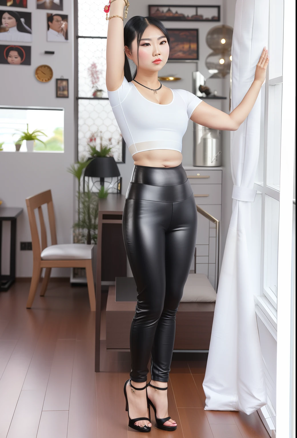 Wear tight leather pants,wearing bodysuit,Asia face,White skin of the,Arrogant look,mocking contempt expression,a little bit chubby,musculous,Bigchest,Fat on the stomach