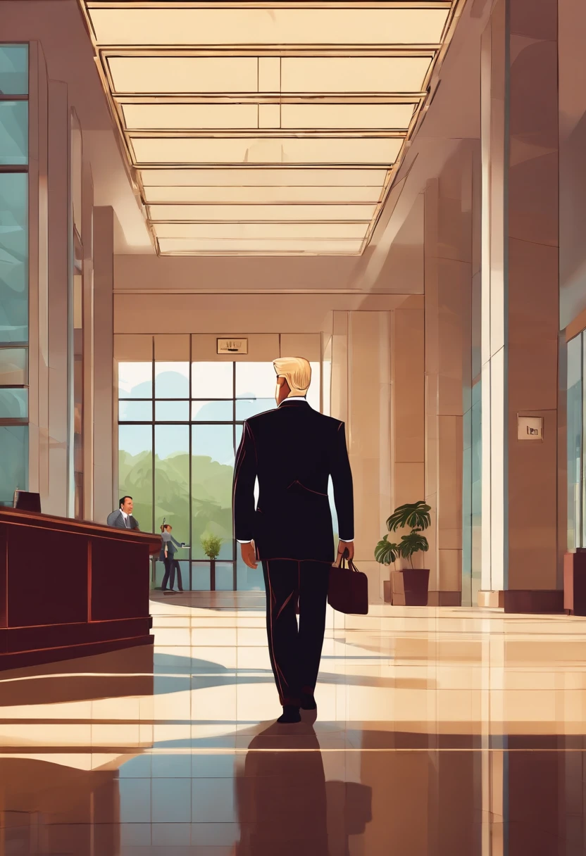 Blonde hair man walking to a lobby talking to an elderly security guard in a lawyer suit, guard is sitting behind desk in a security guard uniform