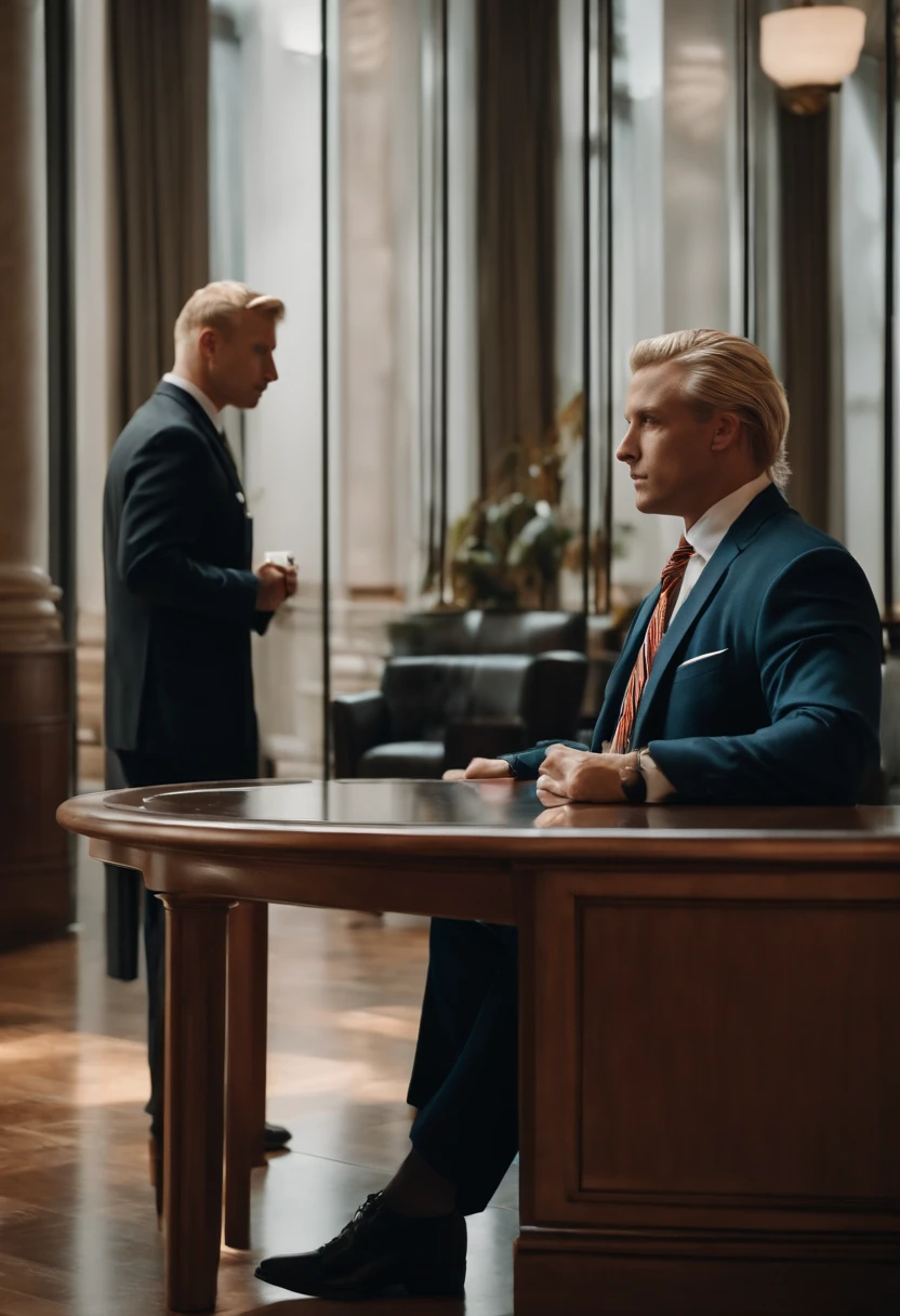 Blonde hair man walking to a lobby talking to an elderly security guard in a lawyer suit, guard is sitting behind desk in a security guard uniform