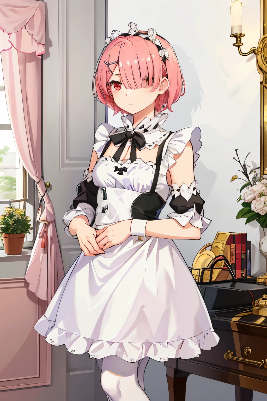 ((best quality)), ((masterpiece)), illustration, (detailed), 1girl, ram_rezero, cute, chibi, piercing gaze, pink hair:1.1, short hair, (hair over one eye:1.3), red eyes:1.2, roswaal mansion maid uniform, apron, (white pantyhose:1.2), looking at viewer, upper body, angry, annoyed, disgusted, glaring, mansion, (high-resolution:1.2),