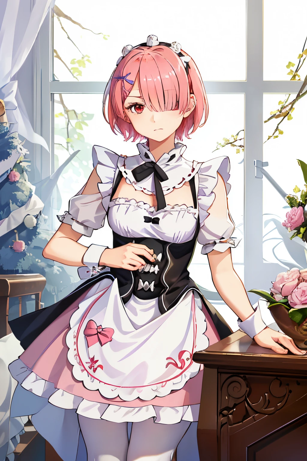 ((best quality)), ((masterpiece)), illustration, (detailed), 1girl, ram_rezero, cute, chibi, piercing gaze, pink hair:1.1, short hair, (hair over one eye:1.3), red eyes:1.2, roswaal mansion maid uniform, apron, (white pantyhose:1.2), looking at viewer, upper body, angry, annoyed, disgusted, glaring, mansion, (high-resolution:1.2),