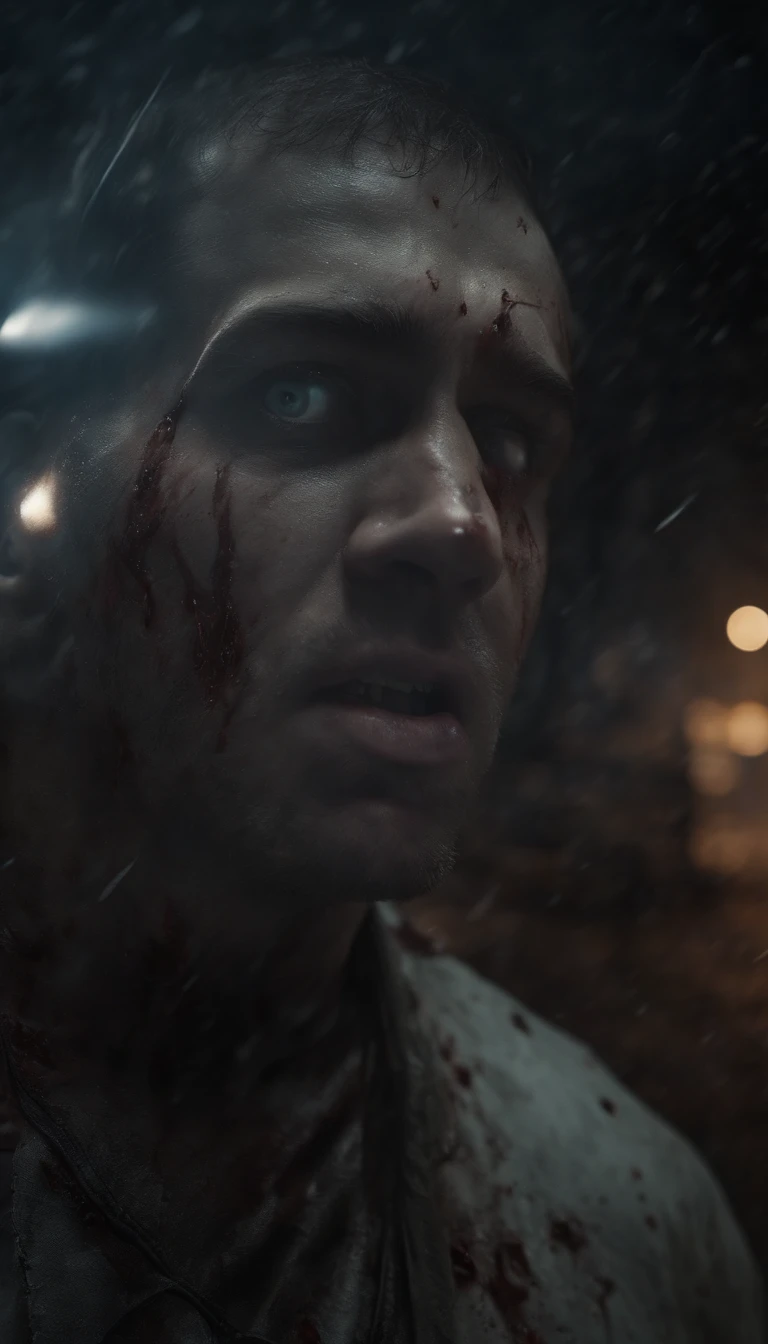 (best quality,4k,8k,highres,masterpiece:1.2),ultra-detailed,(realistic,photorealistic,photo-realistic:1.37),dark,horror,grisly,terrifying,terrifying death scene,traumatic,detailed depiction of a man,blonde hair,extreme close-up of eyes,wide-open terrified blue eyes,shocked expression,blood splatter on face,fractured skull and broken bones,horribly disfigured body,strewn limbs,lots of gore,gory aftermath,gruesome accident scene,bystanders in shock and horror,crowded street,city background,blurry fast-moving bus,bus driver's horrified expression,screeching brakes,clashing metal,shattering glass,showers of sparks,nighttime setting,eerie streetlights,creepy shadows,long exposure motion blur,gritty and dark atmosphere,silence broken only by gasps and screams,nightmarish scene