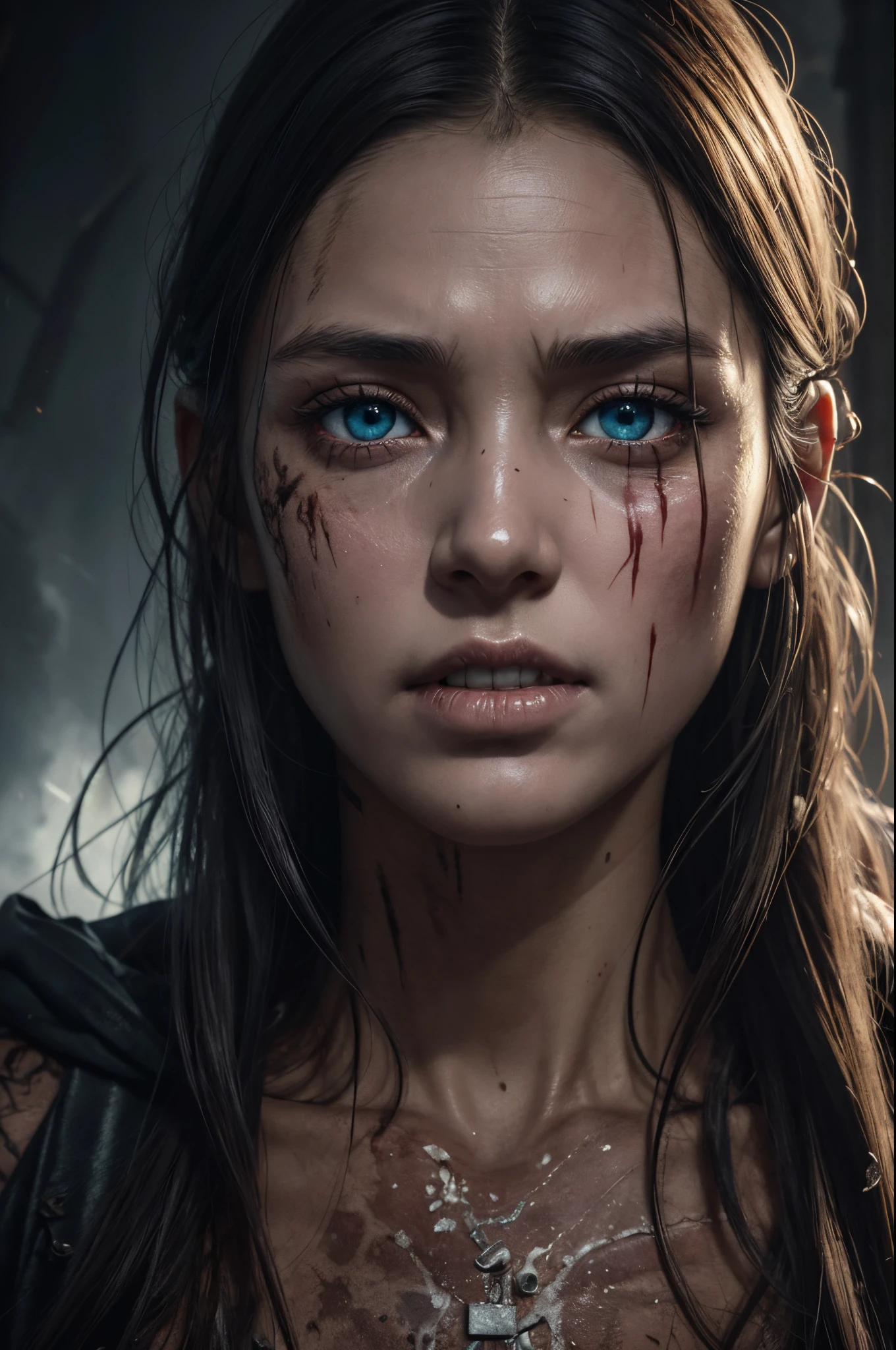 8K、zombie、tatteredclothing、rotten skin on the face、A face full of scars,Dirty muddy hair、Highly detailed dry rotten peeling dead skin、Malnourished women、Blind、wide angles、detailed environment、细致背景、A highly detailed、with an intricate、Detailed skin、Natural colors、professional colorgraded、Photorealism、8K、Moody lighting、Art by George Fau、超A high resolution、A hyper-realistic、White, cloudy eyes,falling eyeballs,Part of the face becomes skeletal,