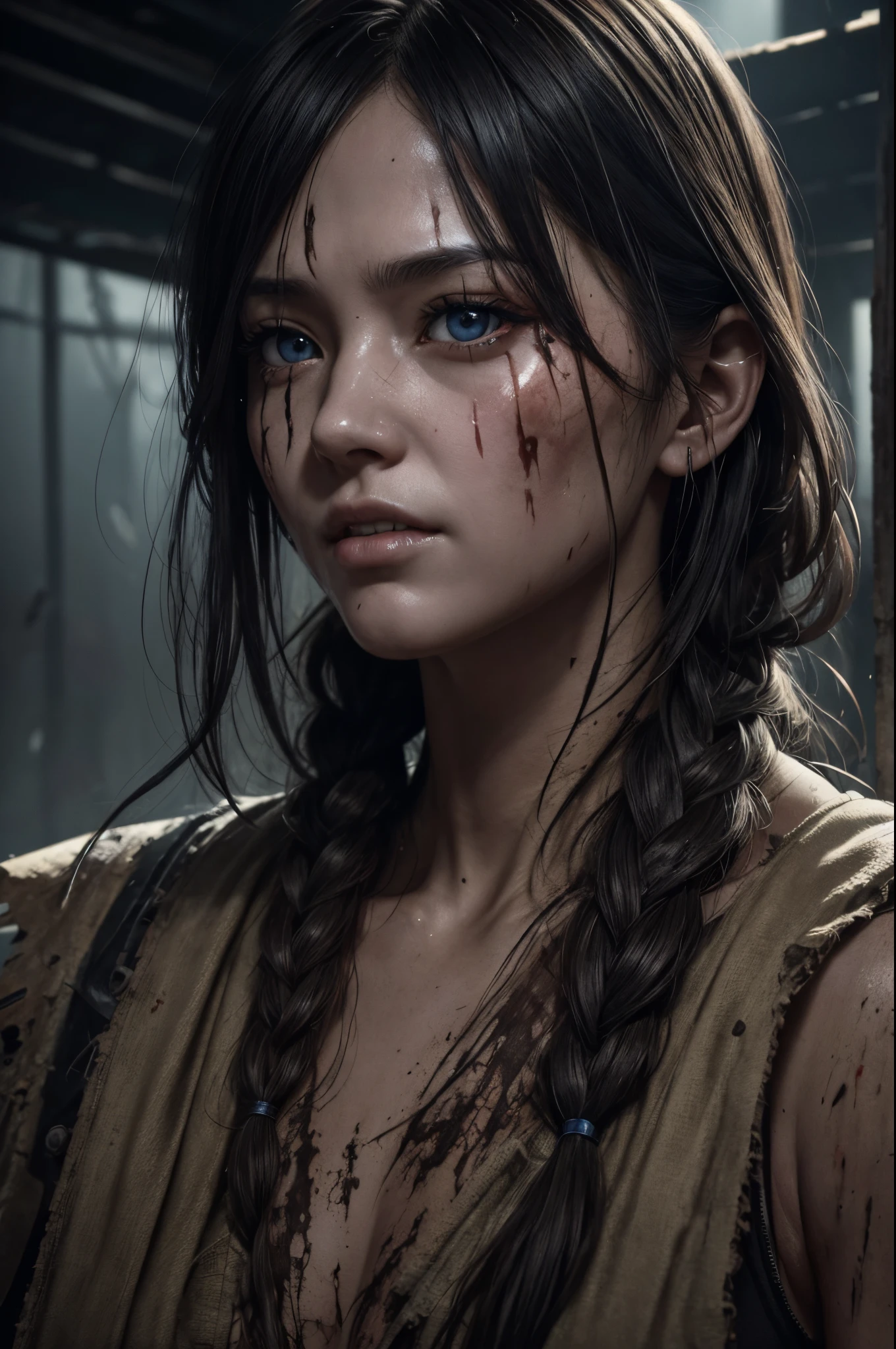8K、zombie attack、tatteredclothing、rotten skin on the face、Face full of scars、Dirty muddy hair、Highly detailed dry rotten peeling dead skin、Malnourished women、blindly、wide angles、detailed environment、细致背景、ighly detailed、Convoluted、Detailed skin、Natural colors、Professional Color Grading、photorealisim、8K、Moody lighting、Art by George Fau、超A high resolution、A hyper-realistic、blanche、 cloudy eyes、eyeballs fall、Part of the face becomes a skeleton、attack someone by baring one's teeth、skin on face peels off、Bite