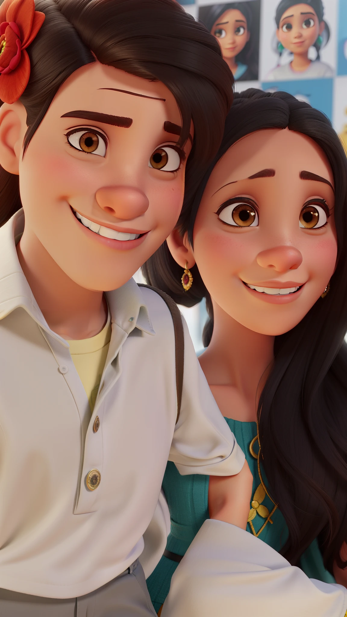 Um casal de frente, close UP no rosto usando roupas brancas, sorrindo, cabelo preto tudo no estilo Disney pixar, garota usando top curto rosto estilo moana cabelo longo ondulado com olhos escuros ao lado de rapaz com olhos verdes usando camisa estampada florida branca estilo Leon Kennedy residente evil, tudo em estilo Disney pixar