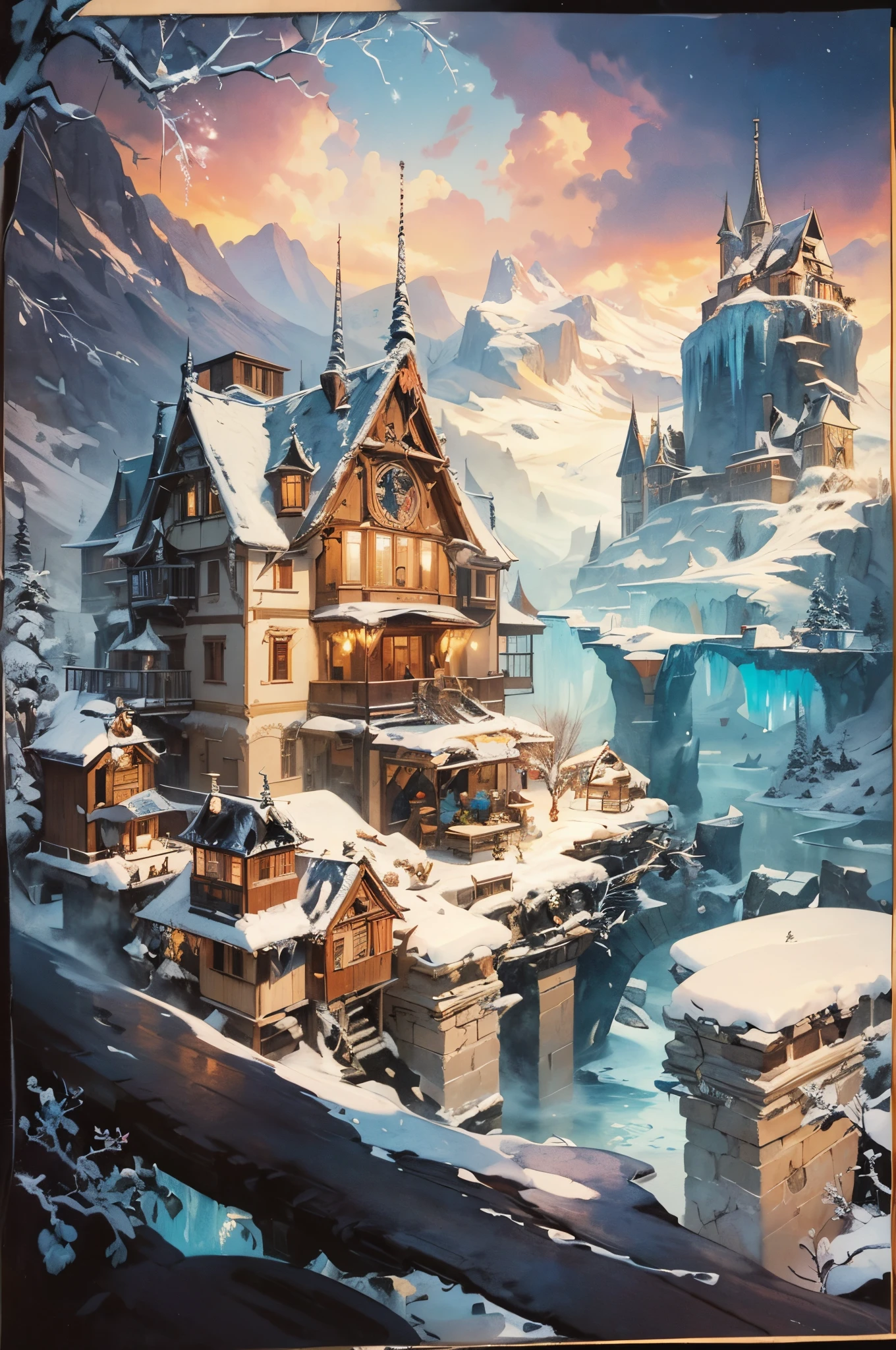 （Egon Schiele）(Frozen's worldview) There is a beautiful princess in a fantastic castle made of ice. She can use ice magic, but she fears that it will harm the villagers, so she magically builds an ice castle deep in the mountains, far from human habitation. The ice castle is a magical world with the radiance of crystal.(Ink on Japanese paper, which tends to bleed easily)(contemporary art like a picture book) (transparent watercolor) (light itself expressed as real) (layers of soft, rich colors) (shades of paint dissolved thinly with water) (deep, delicate colors)