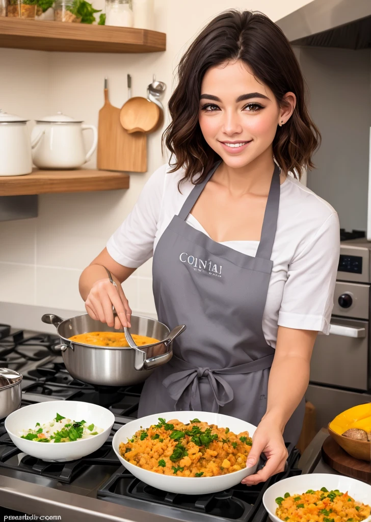 Uma imagem de Isabela na cozinha, preparando comidas deliciosas com um sorriso no rosto.