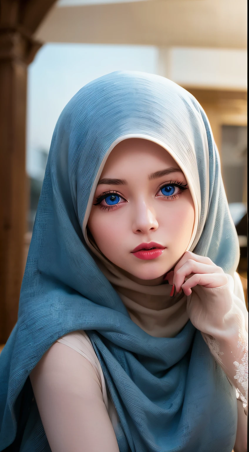 (8k, 4k, best quality, highres, ultra high res:1.1), (masterpiece, realistic, photo-realistic:1.1), 1girl, face, close-up, blue eyes, red lips, (looking at viewer:2), arab face, beautifull women, long hijab, long eyelashes, eyeshadow, small face, big eyes, covered clothes
high contrast,