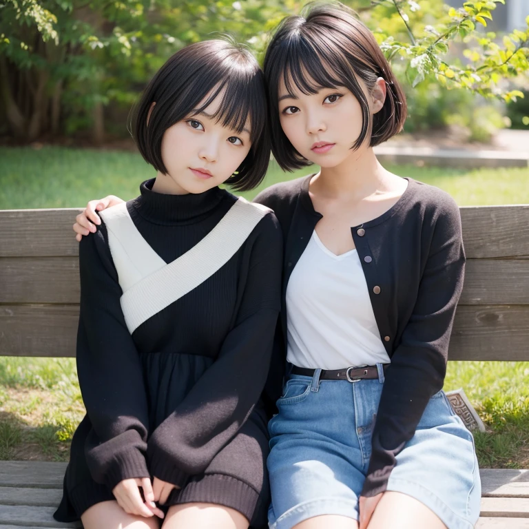 1girl in, 22year old, gradient, up looking_で_viewer, Black_hair, Solo by JM, Yoshiko Akishino, Shorthair, sisterhood, a park