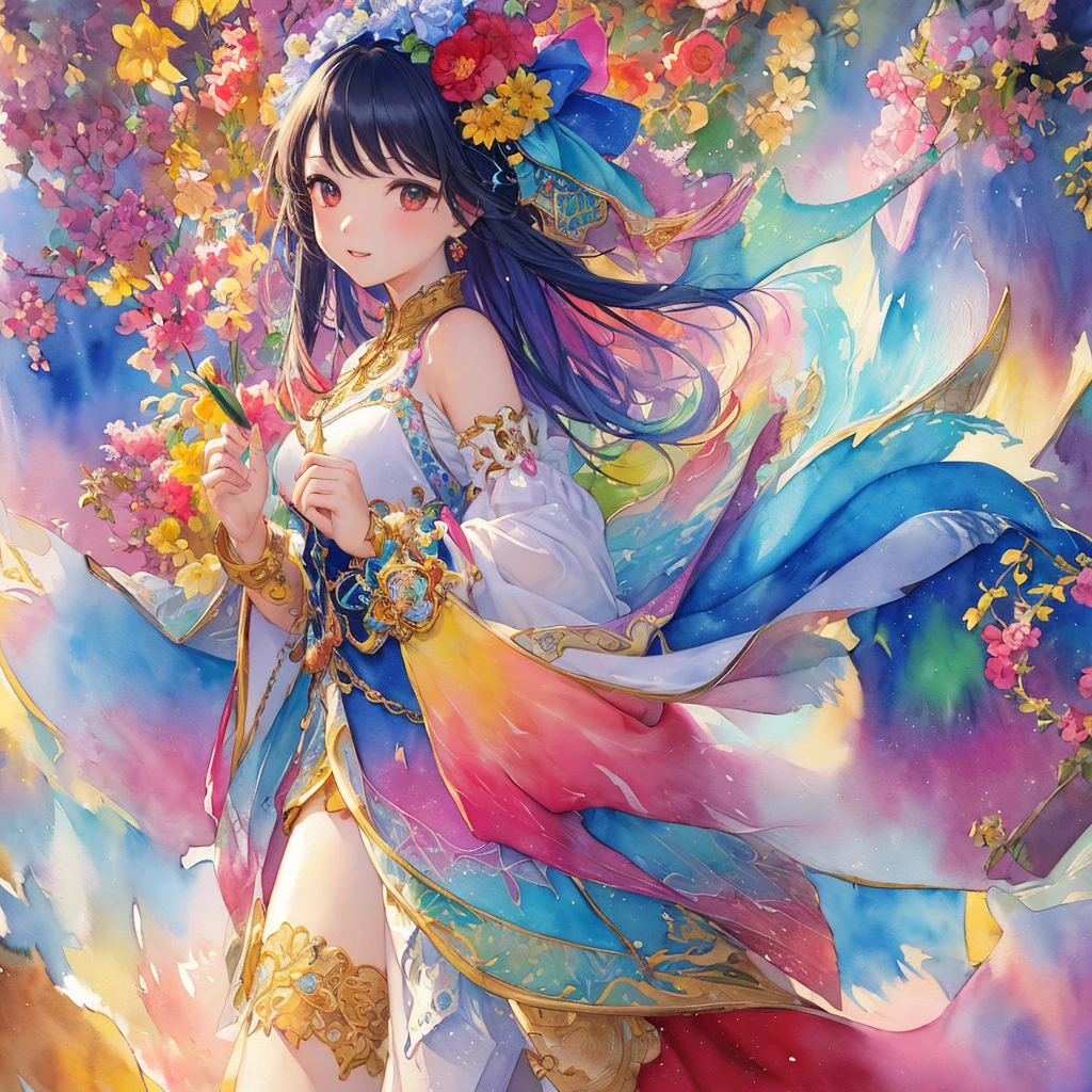 (​masterpiece、top-quality、top-quality、Official art、Beautifully Aesthetic:1.2)、(1 girl in:1.3)、ighly detailed、colourfull、highestdetailed、(watercolor paiting:1.3)、Light mixing、Playful patterns、lively texture、Rich colors、unique visual effect、Fantastical、（Fractal Art:1.3)