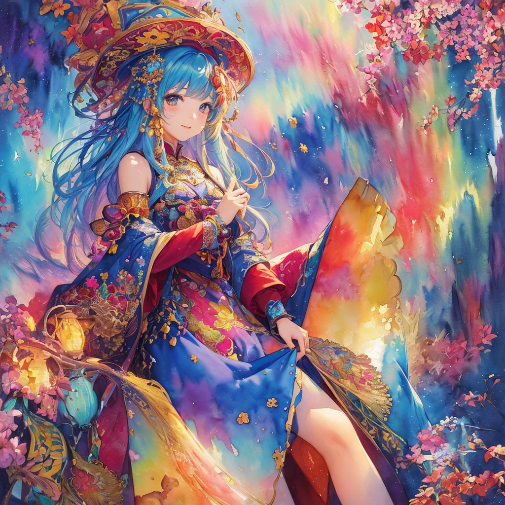 (masterpiece、top-quality、top-quality、Official art、Beautifully Aesthetic:1.2)、(1 girl in:1.3)、ighly detailed、colourfull、highestdetailed、(watercolor paiting:1.3)、Light mixing、Playful patterns、lively texture、Rich colors、unique visual effect、Fantastical、(Fractal Art:1.3)