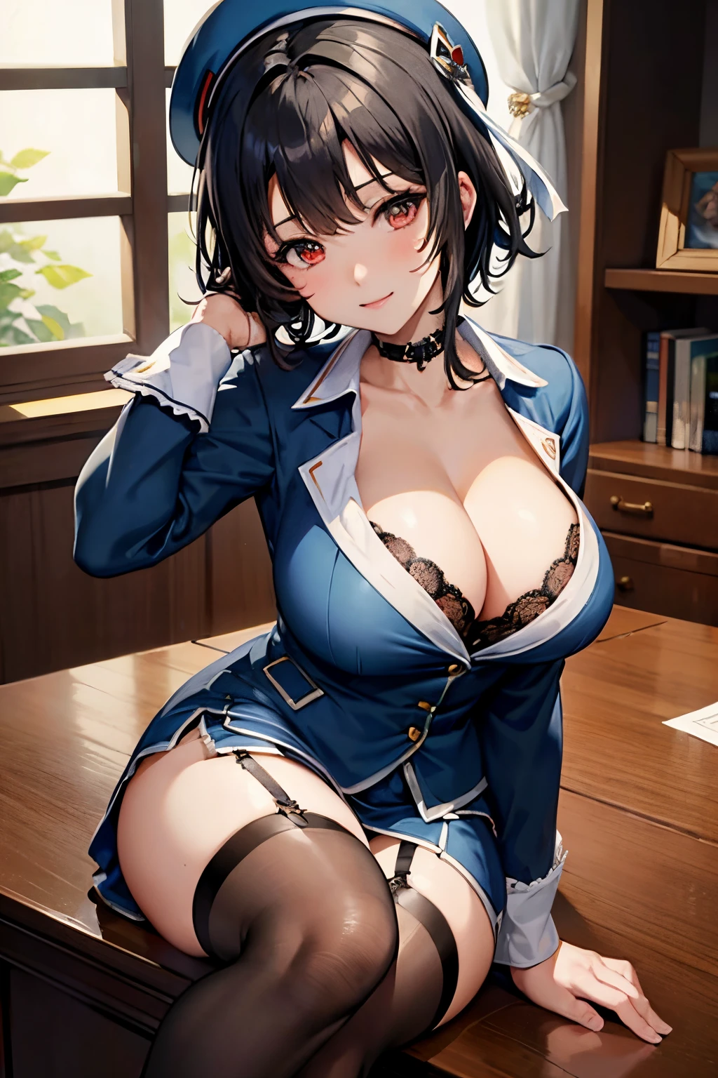 (masterpiece, best quality:1.2),illustration,8k,hd,1girl,takao \(kancolle\),black hair, red eyes, short hair, huge breasts, long sleeves, hat, black gloves, black thighhighs, miniskirt, blue skirt ,military uniform, beret,garter straps, blue jacket, blue headwear, pencil skirt, sitting on desk, crossed legs, smile, open shirt, shirtspread, holding shirt, cleavage, deep cleavage, black lace bra