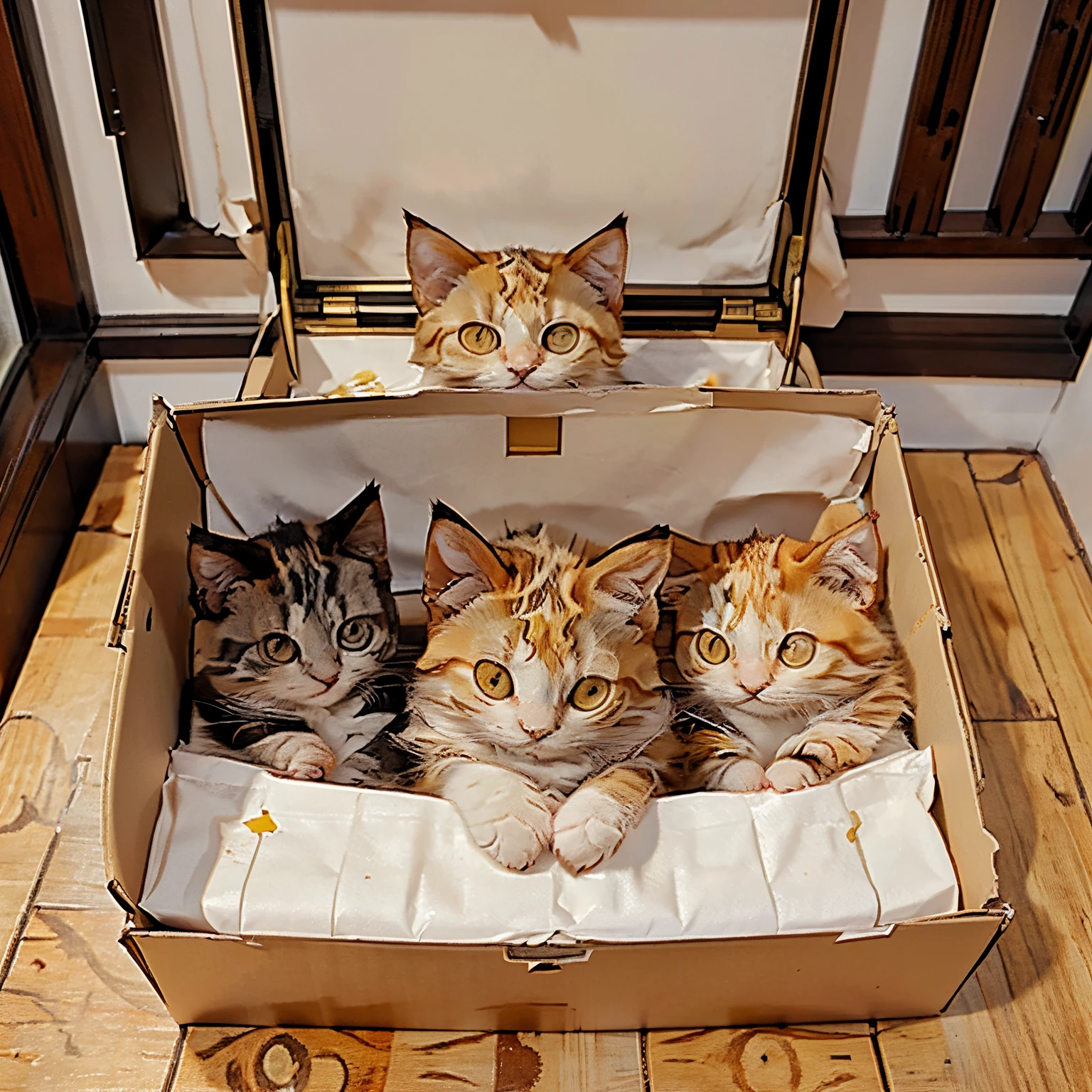 fluffy cat, with her kittens, in a small box, calico, yellow eyes,