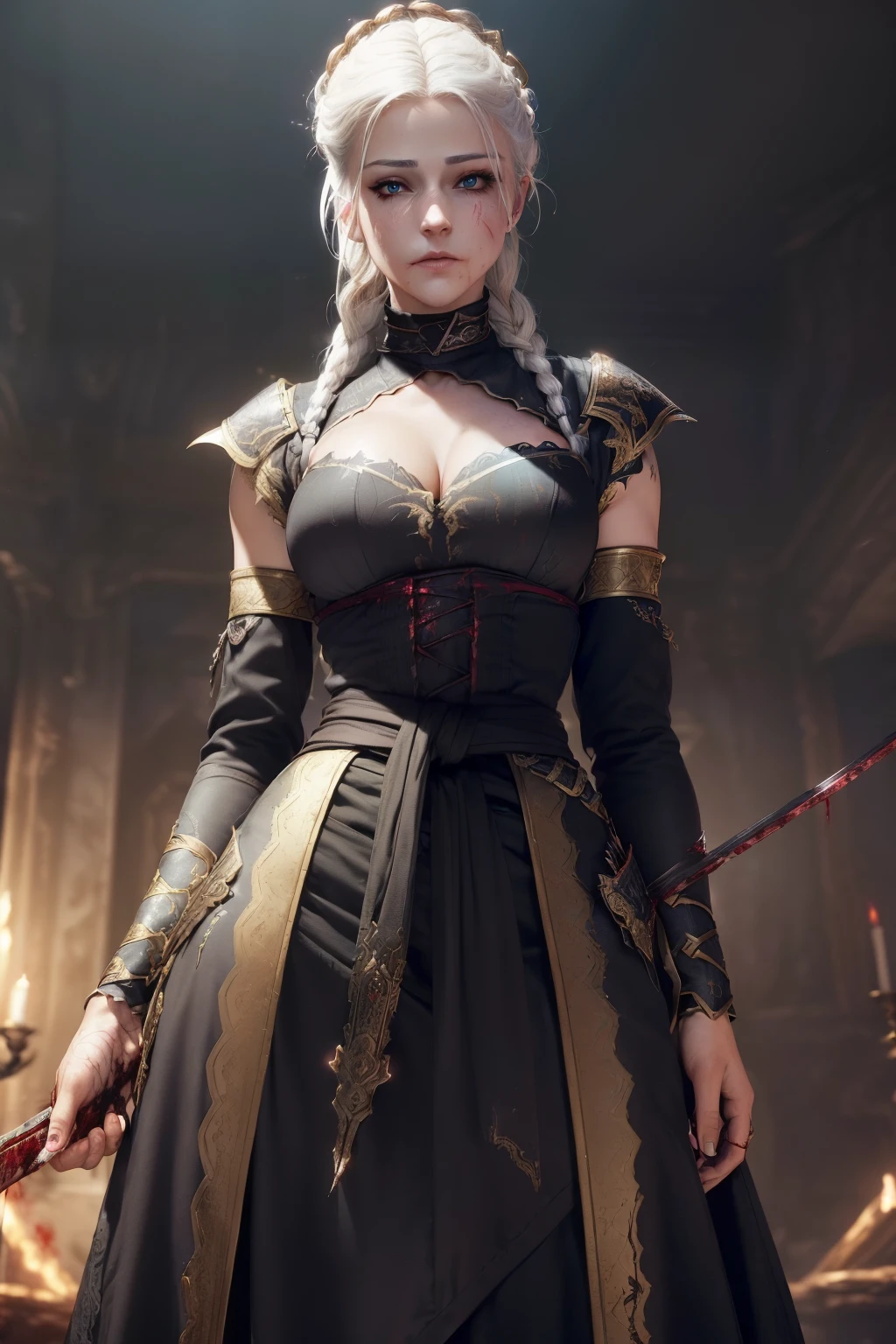 (((From face to the waist view::1. 4))), realistic skin texture, front view::1.0, (((Bloodbourne aesthetic style))) in complex & hyper detailed white fantasy armor (((wild glow effect))), panning photography::1, gold hour illumination, short white hair & long braid, (masterpiece), best quality, perfect face, 8k