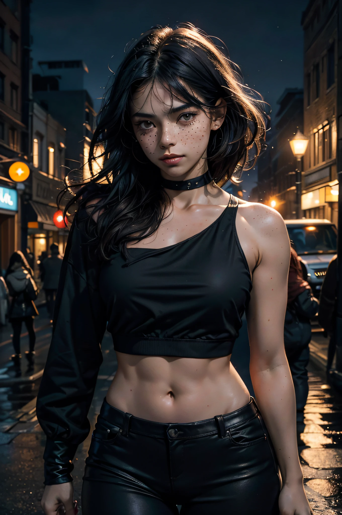 ((portrait shot)), a photo on Panam, black crop top, ((face_freckles:0.9)), standing, street, night time, good hand,4k, high-res, masterpiece, best quality, (head:1.3), finely detailed skin, sharp focus, (cinematic lighting), collarbone, morning, soft lighting, dynamic angle, thighs,