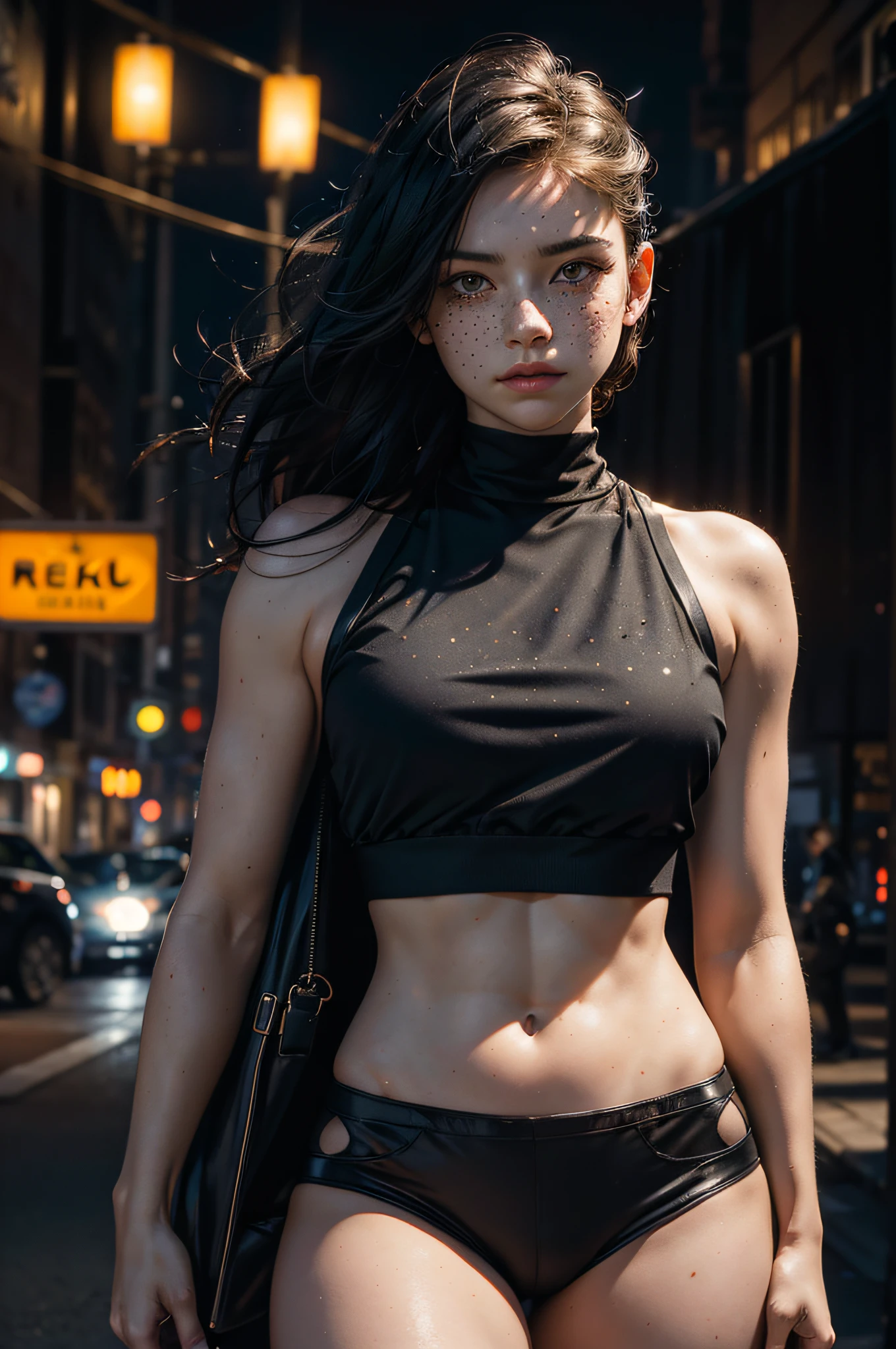 ((portrait shot)), a photo on Panam, black crop top, ((face_freckles:0.9)), standing, street, night time, good hand,4k, high-res, masterpiece, best quality, (head:1.3), finely detailed skin, sharp focus, (cinematic lighting), collarbone, morning, soft lighting, dynamic angle, thighs,