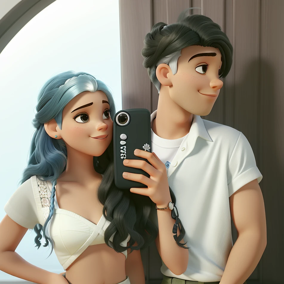 Um casal de frente com uma garota usando top branco curto com cabelo  ondulado com olhos escuros na frente de rapaz usando camisa estampada florida branca com cabelo raspado do lado e piercing na orelha, tudo em estilo Disney pixar.