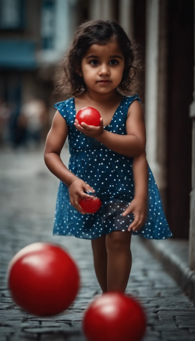Little latina girl, playing with red ball, on the sidewalk, blue dress with white dots