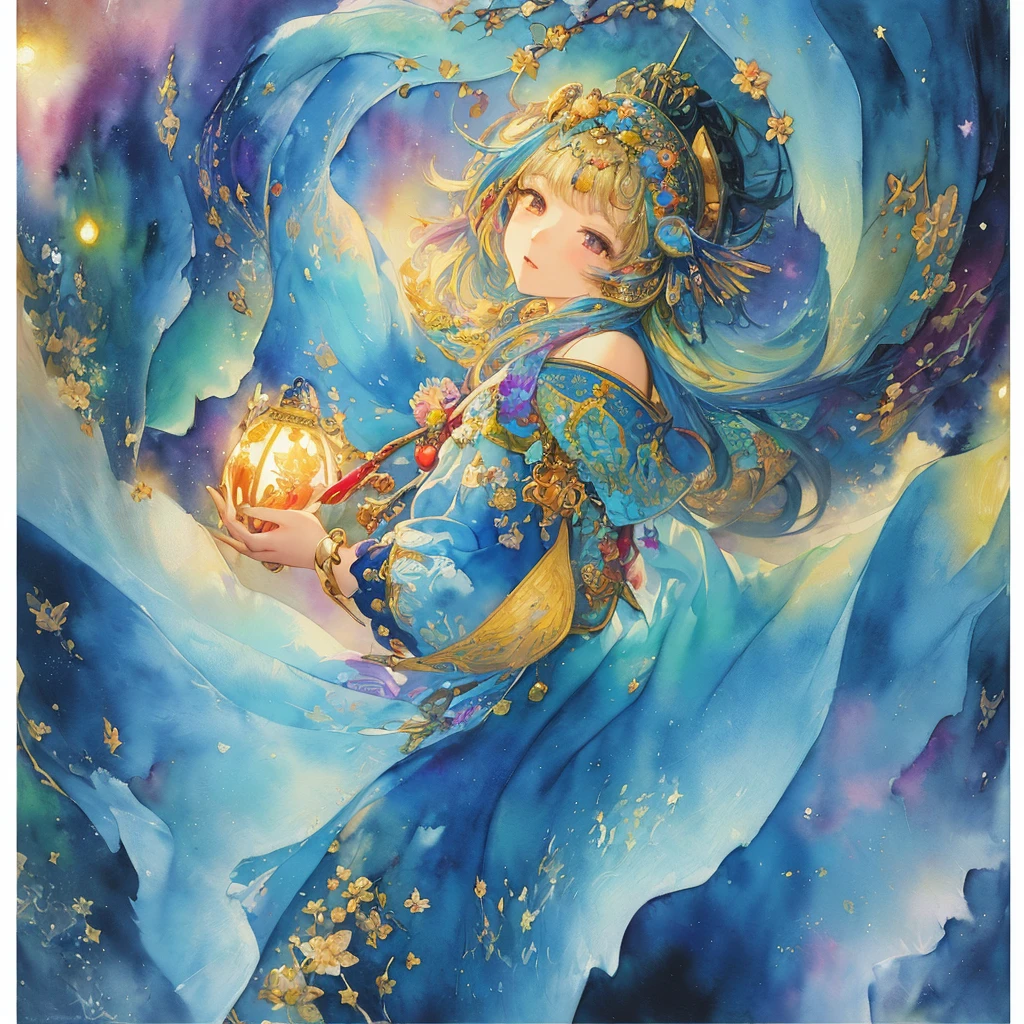 (masterpiece、top-quality、top-quality、Official art、Beautifully Aesthetic:1.2)、(1 girl in:1.3)、ighly detailed、colourfull、highestdetailed、(watercolor paiting:1.3)、Light mixing、Playful patterns、lively texture、Rich colors、unique visual effect、Fantastical、(Fractal Art:1.3)