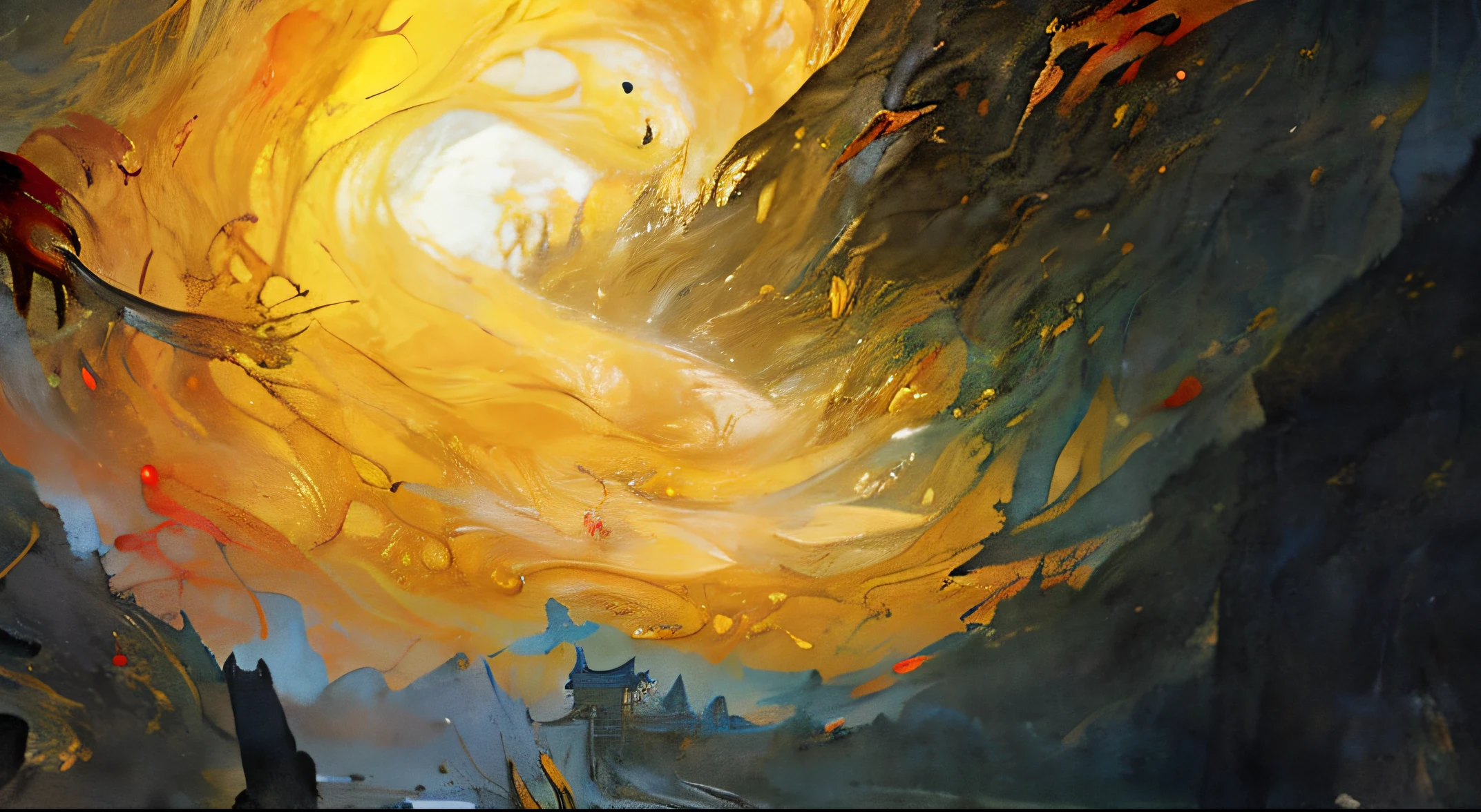 William Turner, (Ink painting and watercolor、Traditional chinese painting、meticuloso、Traditional chinese painting、Oil brush strokes、
Qi Baishi,Wu Guanzhong,Zhang Kechun Yang Zhiguang,Jiang Zhaohe,Liu Guohui,Liu Jiyou Zhang Daqian,Qiu Ying)(Doomsday scenes in ancient China,Golden flame,firestorm,chinese traditional ink style,gold foil,Klimt,Raging sea)
