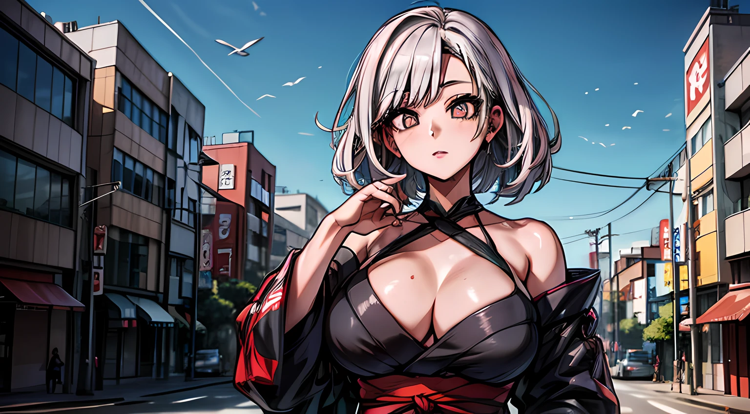 1girl, olhos azuis, cabelo longo com mechas coloridas, fechar para cima, cintura fina, coxas grandes, Pose sexy, Olhando para o Viewer, sexy, Ultra Obra-prima, Tokyo in the background, urban backdrop,( beautiful sky:1.1), ( Fundo da arquitetura japonesa:1.15), (extremely high quality, Amazing details:1.4), (sozinho, picturesque backdrop:1.3), (ray tracing, color grading:1.2),