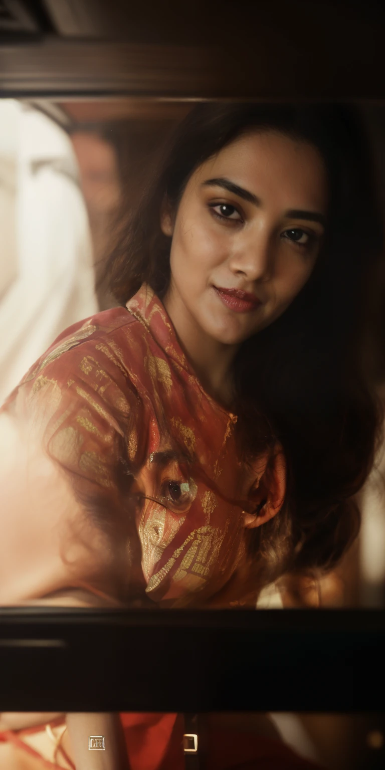 Day scene, close up photo of an indan from top view, posing under rain, wearing yellow red tshirt and white scarp,hollywood red lips, perfect figure wet navel, , ponytail, necklace, look at viewer and smile, (cinematic:1.3), intricate details, (ArtStation:1.2), moody, private study:1.3) POV, by lee jeffries, nikon d850, film stock photograph ,4 kodak portra 400 ,camera f1.6 lens ,rich colors ,hyper realistic ,lifelike texture, dramatic lighting , cinestill 800, realistic,candid picture,candid picture,candid picture by Max Dauthendey