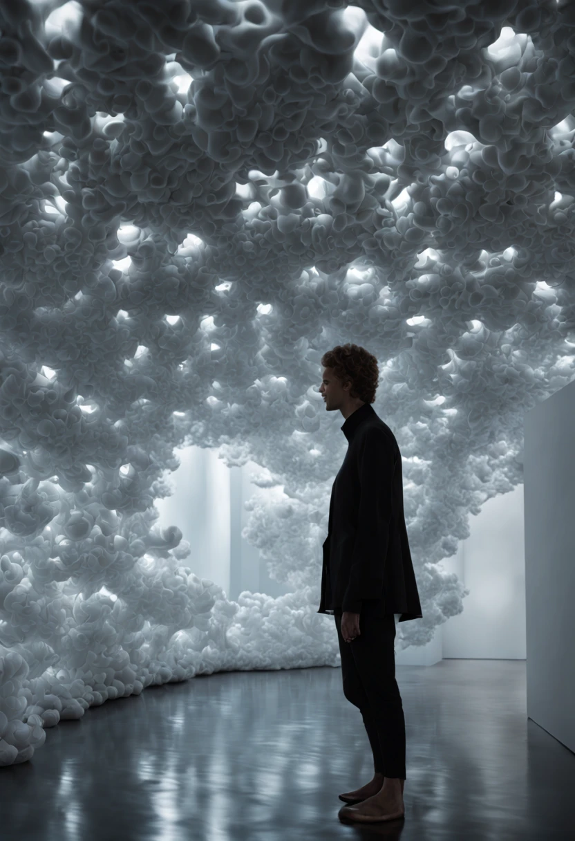 minimalist, closeup, interior, bio organic installation, oil, Neri Oxman, strange anomalies, abstract, spatial glowing, biomimicry, cotton texture, fabric, living architecture, hallucinations, inflated biomimicry, silk and flesh biomimicry, spatial interventions, glowing, black museum interior, charcoal clothing blurry person walking, organic slime, flesh design, realistic face, award winning perspective, raw snapshot, close up, looks used, rim lights, dirty lens, bio studies, clear details, texture high quality, full black background, full black museum installation,full black background, no window