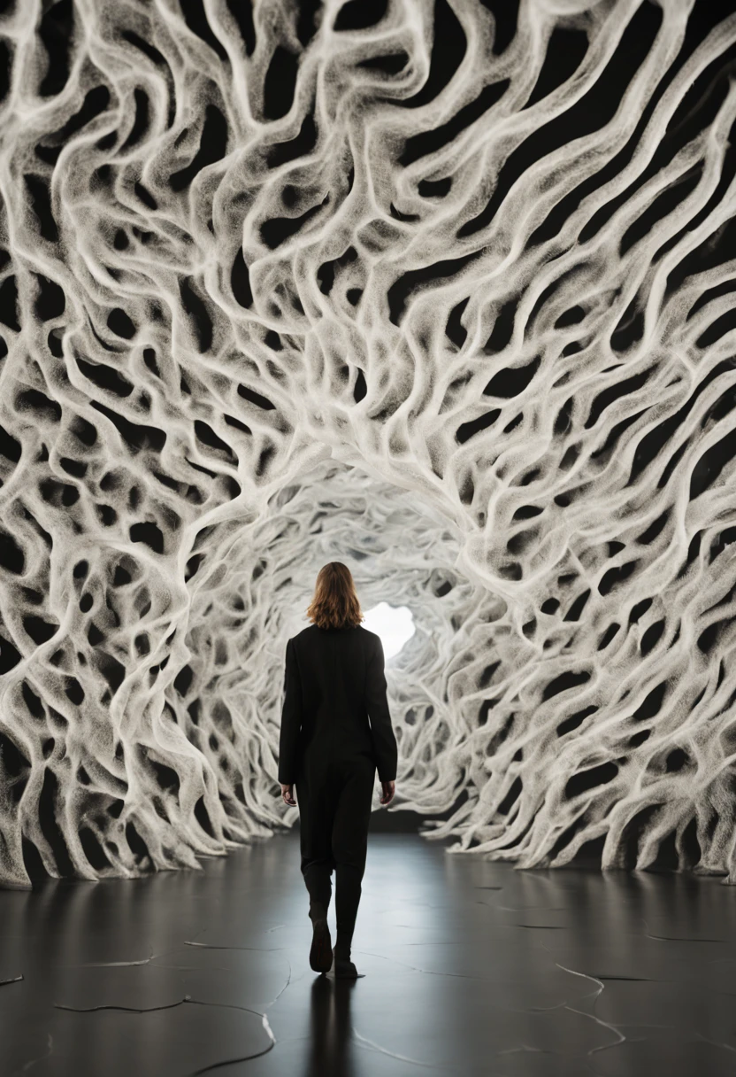 minimalist, closeup, interior, bio organic installation, oil, Neri Oxman, strange anomalies, abstract, spatial glowing, biomimicry, cotton texture, fabric, living architecture, hallucinations, inflated biomimicry, silk and flesh biomimicry, spatial interventions, glowing, black museum interior, charcoal clothing blurry person walking, organic slime, flesh design, realistic face, award winning perspective, raw snapshot, close up, looks used, rim lights, dirty lens, bio studies, clear details, texture high quality, full black background, full black museum installation,full black background, no window