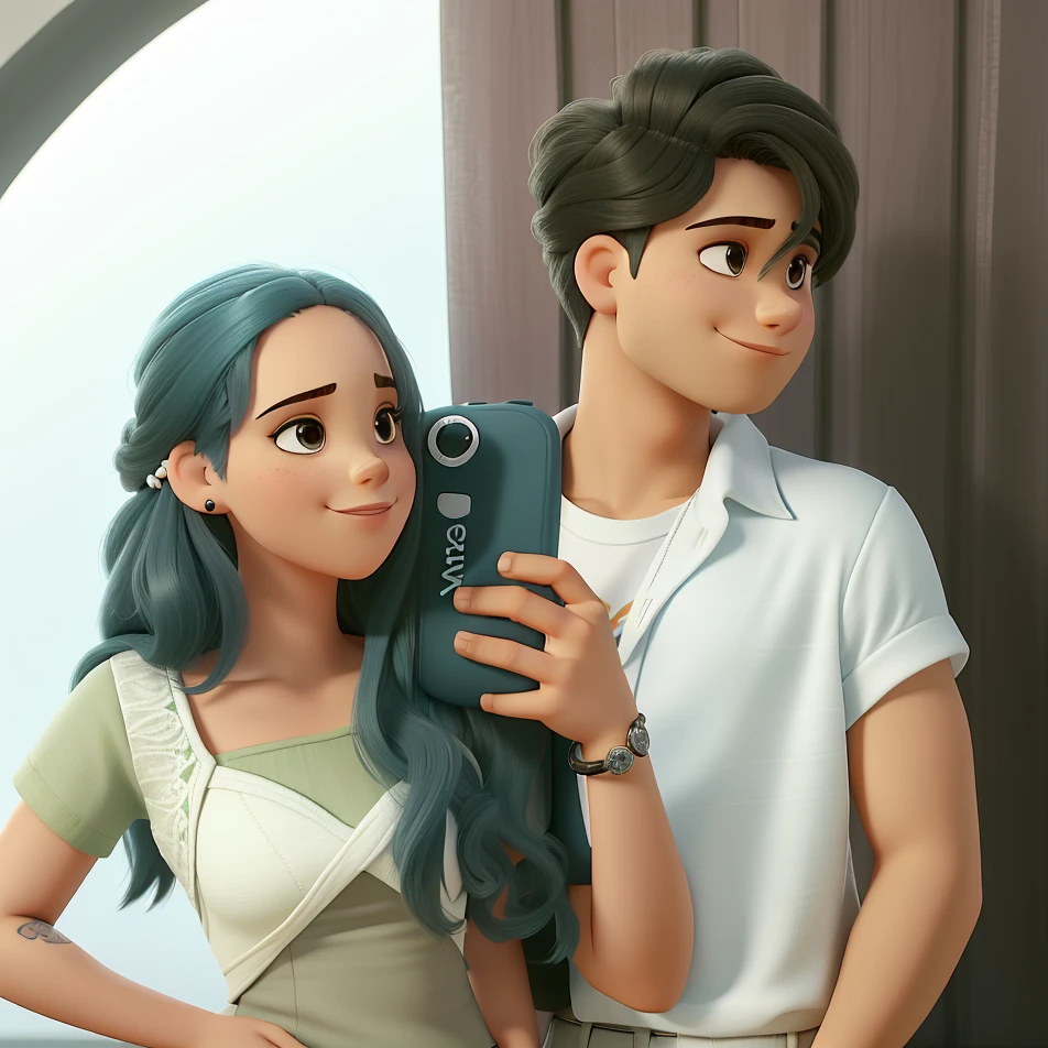 Um casal de frente com uma garota usando top branco curto com cabelo ondulado com olhos escuros na frente de rapaz usando camisa estampada florida branca com cabelo raspado undercut lateral com piercing transversal na orelha, tudo em estilo Disney pixar.