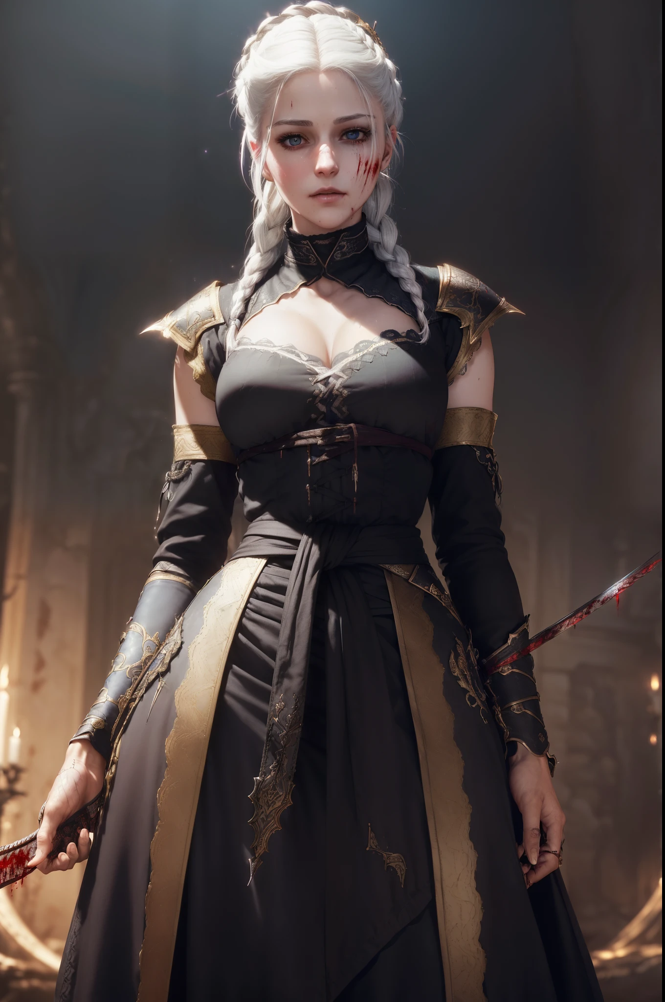 (((From face to the waist view::1. 4))), realistic skin texture, front view::1.0, (((Bloodbourne aesthetic style))) in complex & hyper detailed white fantasy armor (((wild glow effect))), panning photography::1, gold hour illumination, short white hair & long braid, (masterpiece), best quality, perfect face, 8k