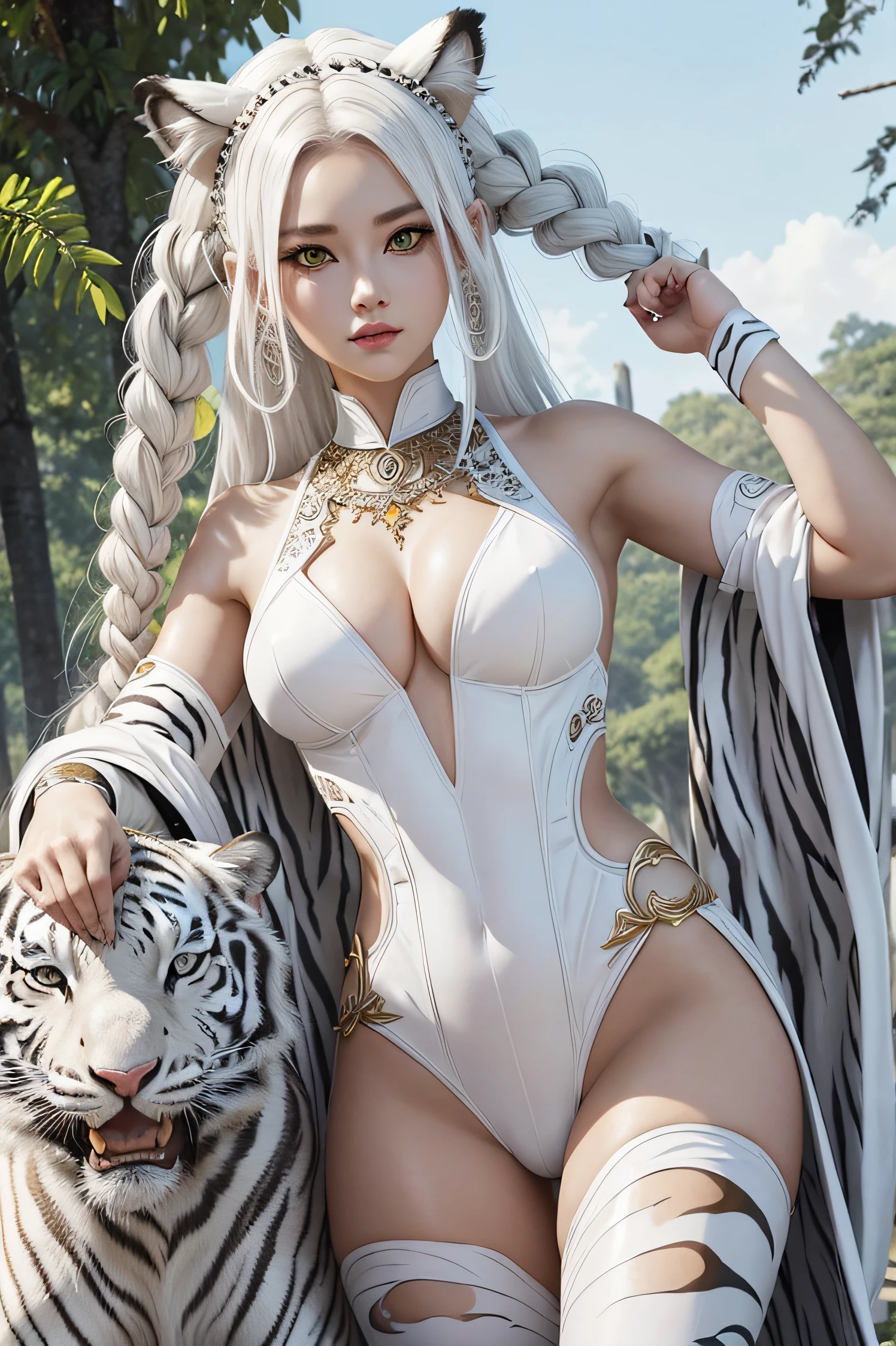She is a white tiger beastman, so her skin is white and very beautiful、Wearing a white flashy costume、I wear a lot of accessories、Yellow eyes、White tiger print hair、Braids、Queen of the White Tiger Beastman Tribe、