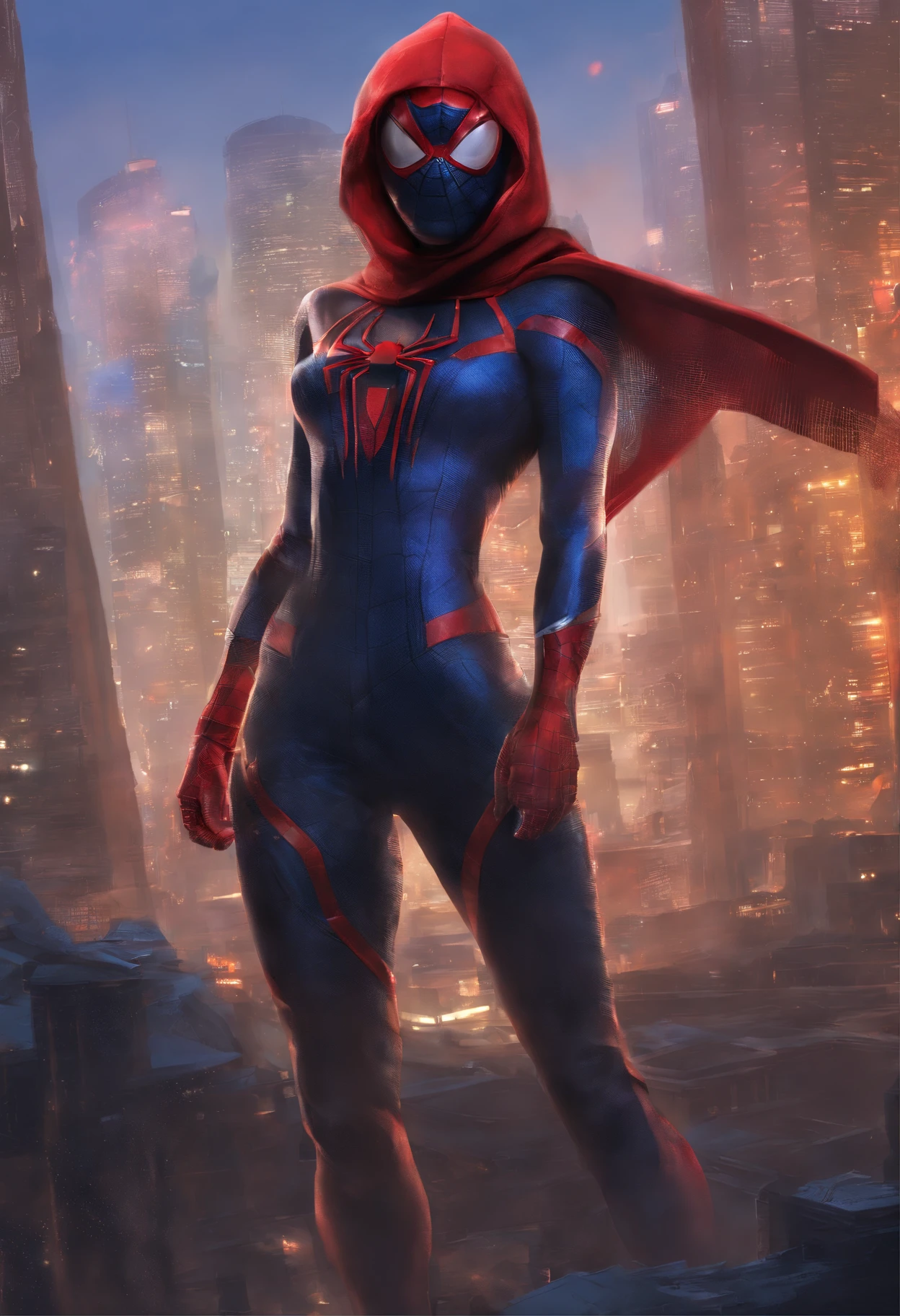Full body photo of female Spiderman, atmospheric scene, (1girl, detailed beautiful face, big, breasts, big butt, detail skin texture, ultra-detailed body:1.1), rear view, masterpiece, best quality, UHD, masterpiece, super detail, high details, high quality, award winning, best quality, highres, 16k