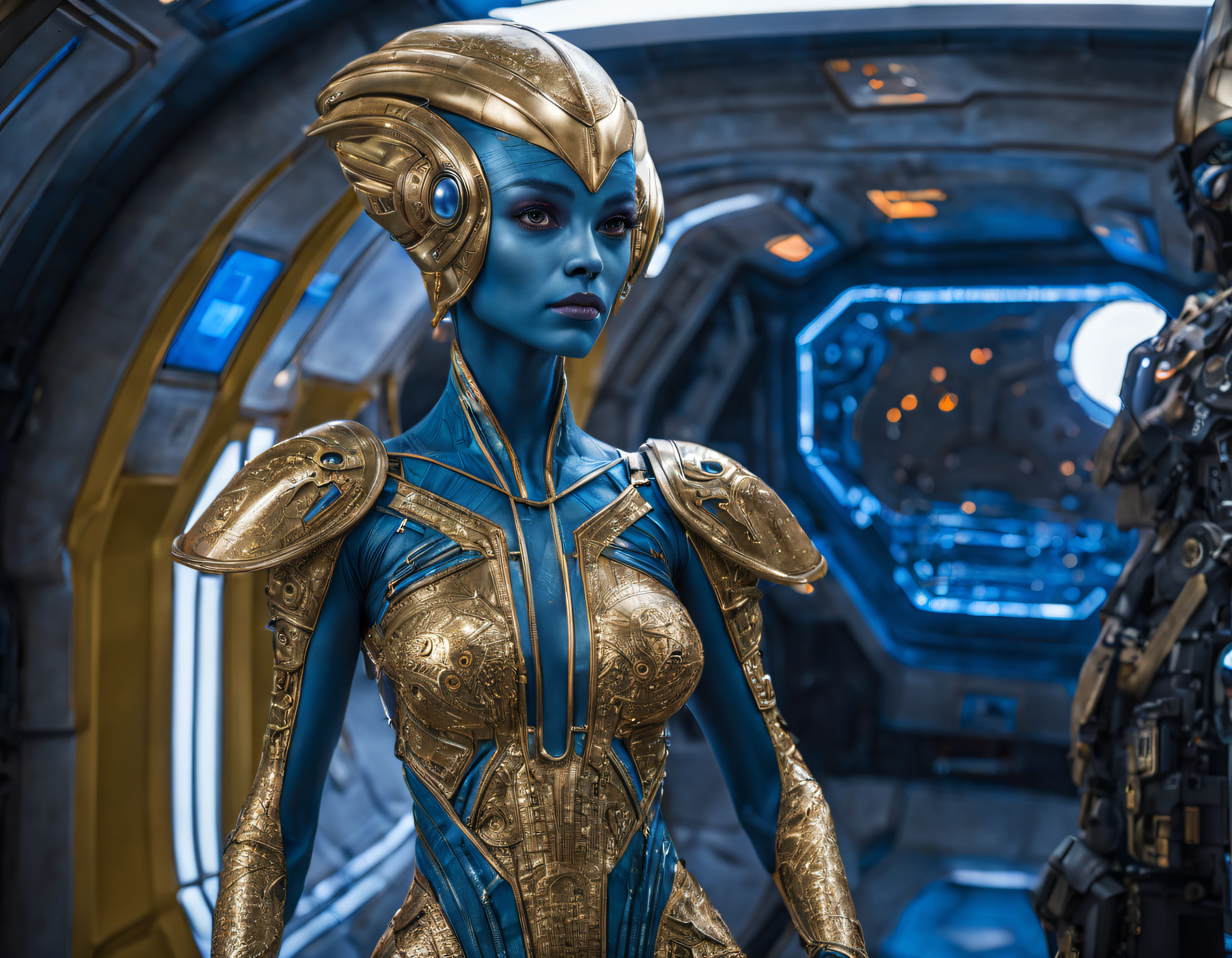 (cuerpo completo), extraterrestrial alien female similar to Lihö-Minaa princess of the people of the planet mül from the film Valerian and the city of a thousand planets , cuerpo atletico y exuberante, vestida de traje de noche corto, engarzado con oro refulgente, priedras preciosas de colores y diamantes, piel ligeramente anaranjada, ((se encuentra en centro de control de estacion espacial)), detalles intrincados de la maquina de alta calidad), estilo cinematografico, nitidez absoluta, imagen 8k.(obra maestra).fondos de pantalla, ultra detallado.
