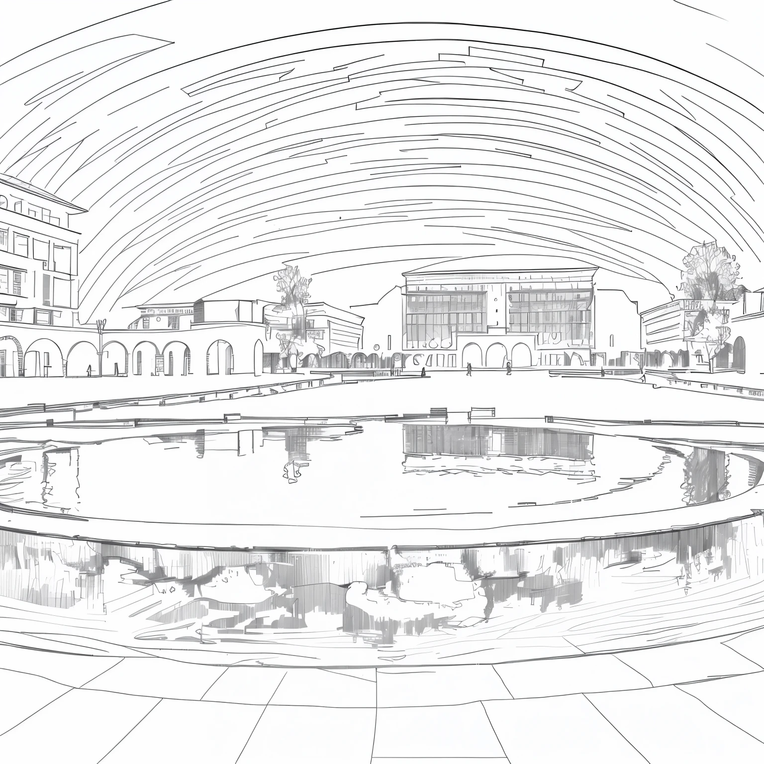 Sketch of fountain in courtyard,Buildings in the background, author:Arthur Sargsyan, line art, Line, 360 degree monoscopic field isometric rectangle, author:Mirko Lucchi, sketch illustratio, Fountain in the middle, author:Ivana Kobilka, Broad perspectives, sketch 4k, in a city square, black and white illustration