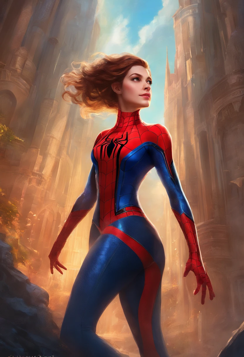 Full body photo of female Spiderman, atmospheric scene, (1girl, detailed beautiful face, big, breasts, big butt, detail skin texture, ultra-detailed body:1.1), rear view, masterpiece, best quality, UHD, masterpiece, super detail, high details, high quality, award winning, best quality, highres, 16k