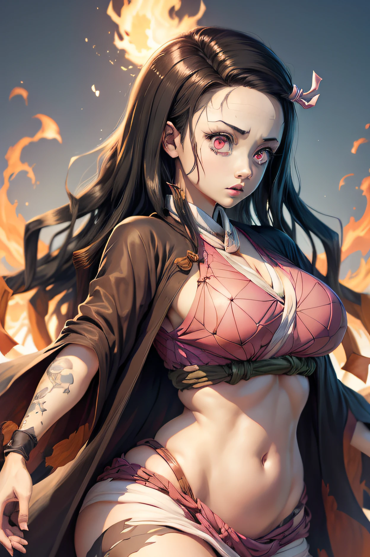 (Ultra Real), (Illustration), (High Resolution), (8K), (Very Detailed), (Best Illustration), (Beautiful Detailed Eyes), (Best Quality), (Ultra Detailed), (Masterpiece), (Wallpaper), (Detailed Face), Night Up Upper Body, ,Long Hair,Solo,Simple Kimono Top Girl, Sweaty, Japan Person, Big Tits, (fire) Nezuko Kamado, Red Eyes,  (Nezuko, Nezuko-chan, Demon Slayer art style, kimetsu no yaiba), Anime character female hentai, (Nezuko, in her demon form, huge breasts, giant long breasts sticking out of her clothes, her breasts sticking out of her kimono, showing beautiful pointy breasts), (the length of her ultra giant breasts goes up to her toned belly, she has leaf tattoos running down her erotic sexy body), Demon Slayer rui fanart, wielding kunai, Marin Kitagawa Fanart, clean and detailed anime art, a very beautiful berserker woman, by Kamagurka, professional art, perfect detail, (Nezuko kamado na her demonic form showing her giant, hairy , based on the Demon Slayer kimetsu no yaiba),