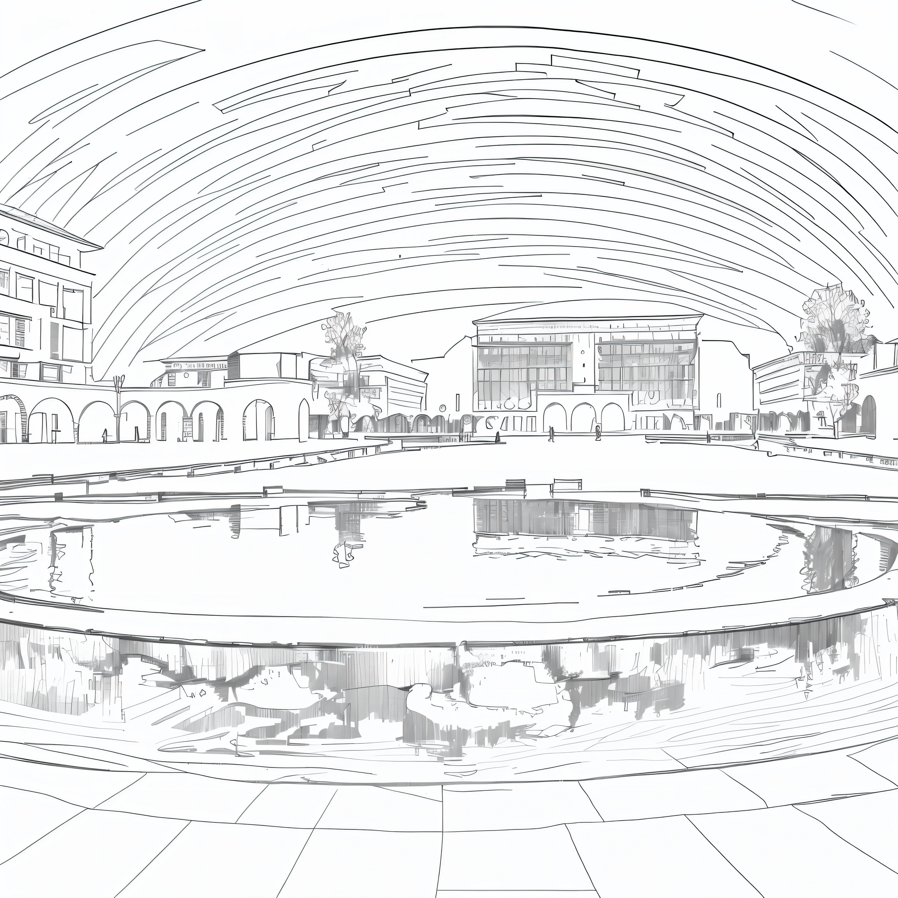 Sketch of fountain in courtyard,Buildings in the background, author:Arthur Sargsyan, line art, Line, 360 degree monoscopic field isometric rectangle, author:Mirko Lucchi, sketch illustratio, Fountain in the middle, author:Ivana Kobilka, Broad perspectives, sketch 4k, in a city square, black and white illustration