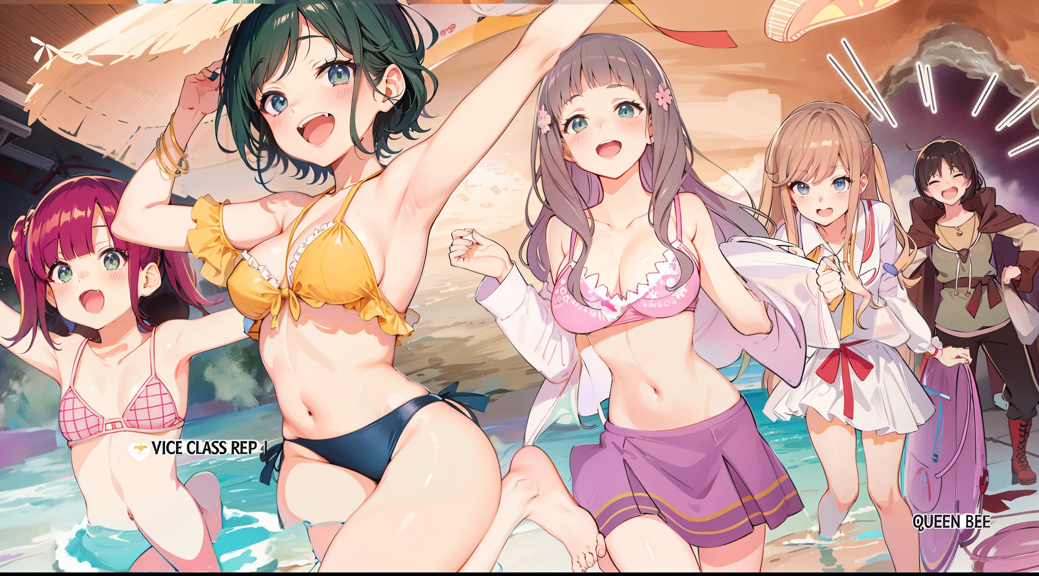 anime characters in bikinis and bikini suits pose for a photo, Ecchi, summer time, Estilo Anime Ecchi, Estilo Ecchi, Kawacy, kantai collection style, Ahegao, 8k!!, na empresa Pixiv, Fazer videogame Azur Lane, visual novel chave visual, Waifu, 夏天, is wearing a swimsuit, high resolution!!