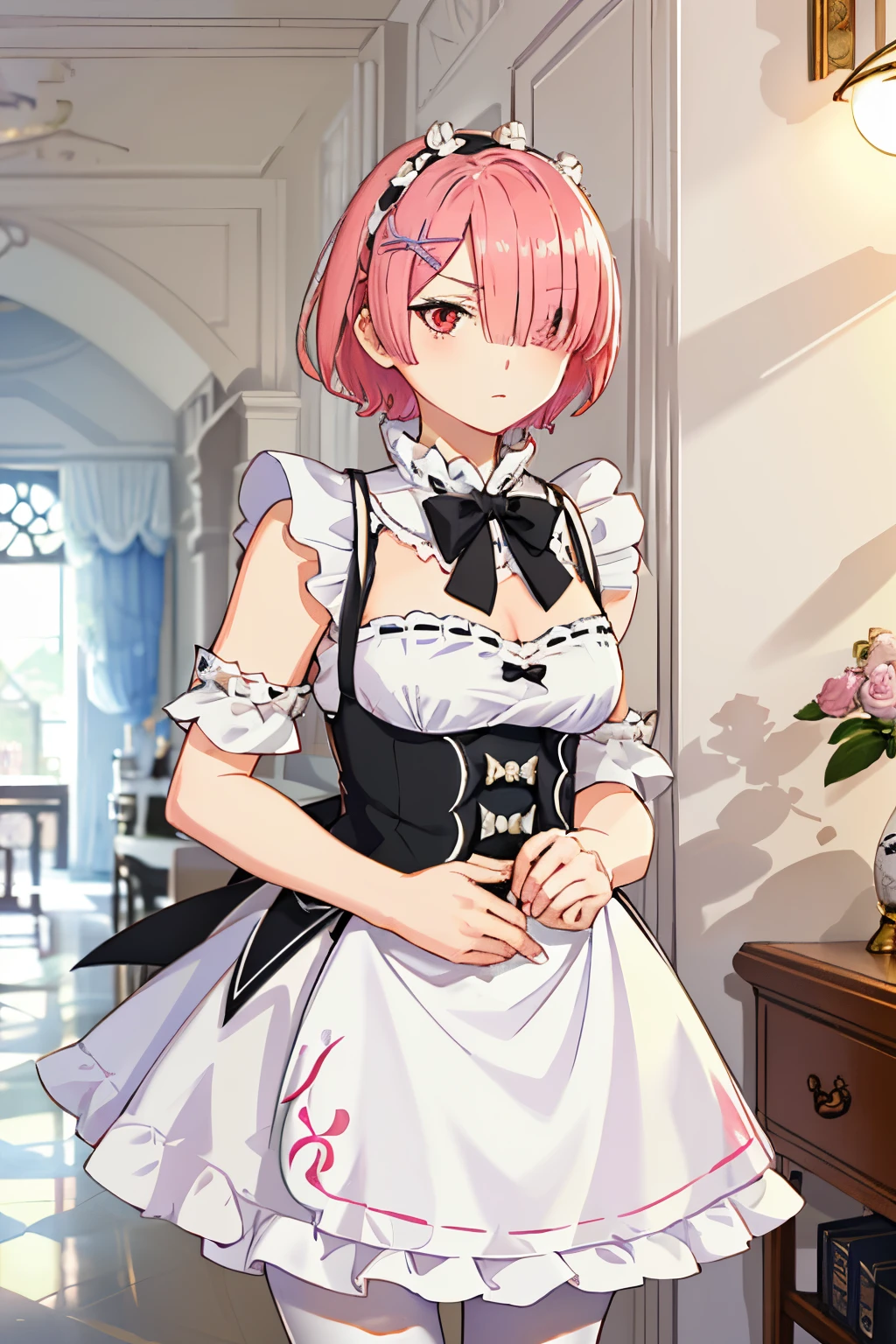 ((best quality)), ((masterpiece)), illustration, (detailed), 1girl, ram_rezero, cute, chibi, piercing gaze, pink hair:1.1, short hair, (hair over one eye:1.3), red eyes:1.2, roswaal mansion maid uniform, apron, (white pantyhose:1.2), looking at viewer, upper body, angry, annoyed, disgusted, glaring, mansion, (high-resolution:1.2),