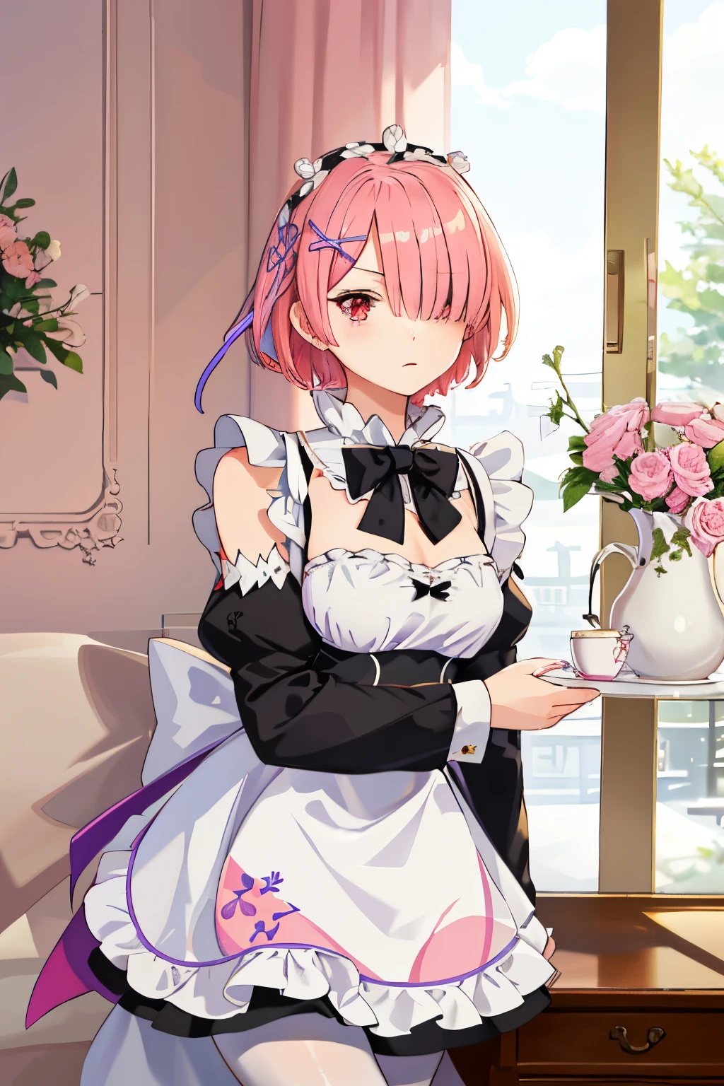 ((best quality)), ((masterpiece)), illustration, (detailed), 1girl, ram_rezero, cute, chibi, piercing gaze, pink hair:1.1, short hair, (hair over one eye:1.3), red eyes:1.2, roswaal mansion maid uniform, apron, (white pantyhose:1.2), looking at viewer, upper body, angry, annoyed, disgusted, glaring, mansion, (high-resolution:1.2),