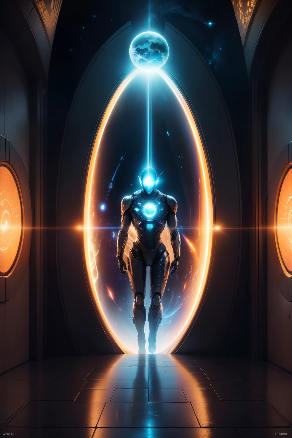 All-metal robot, luzes brilhantes, The robot standing on an asteroid in deep space looking into space.