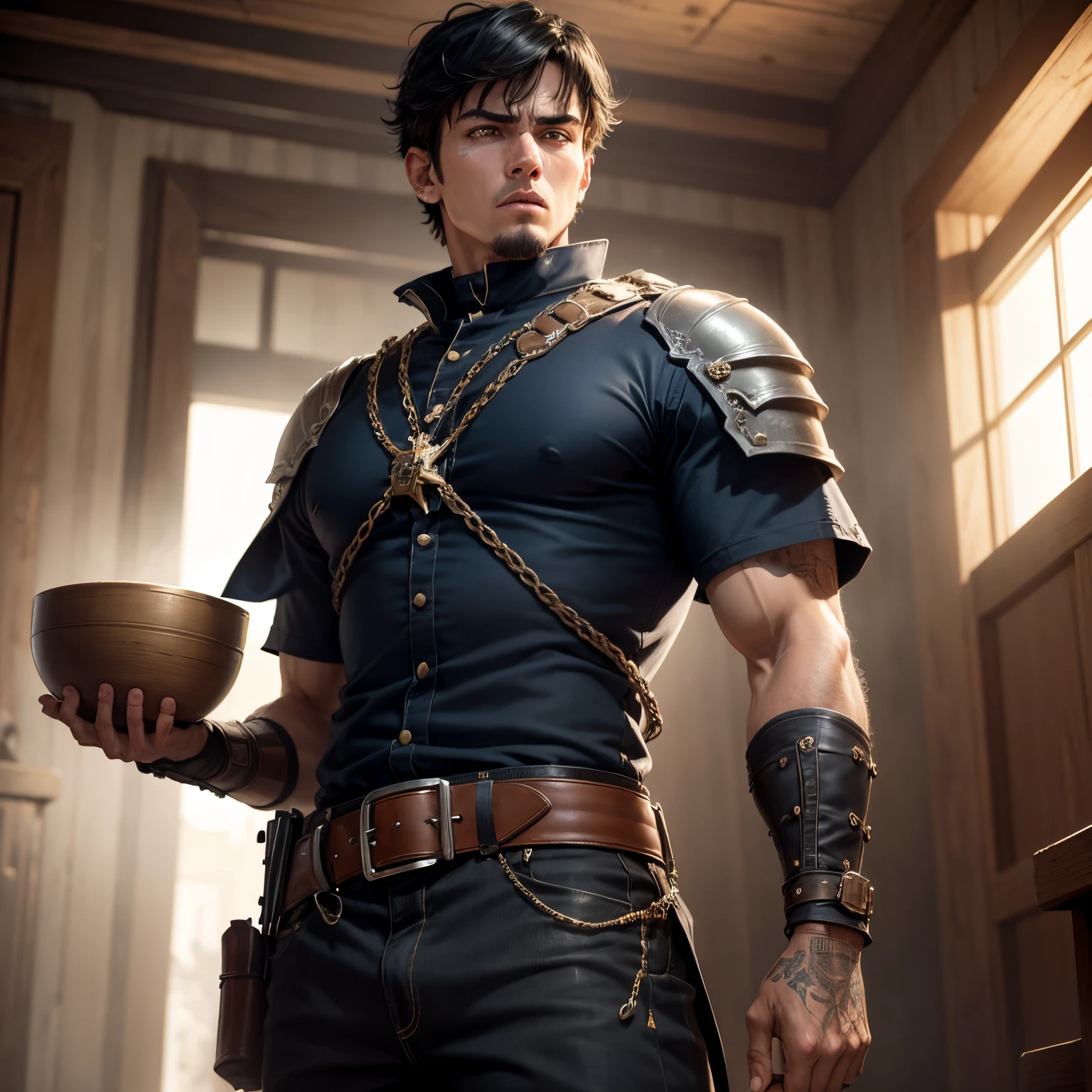 8k, masterpiece, best quality, realistic, higly detailed, cowboy shot, 1boy, solo, Fuutarou, young man, fair skin, black hair, bowl cut, two strands sticking up from the back of his head, bangs that cover his forehead, blue eyes, slim physique, tall build, tends to slouch, serious expression, scary and thuggish vibe, bad guy, Paladin