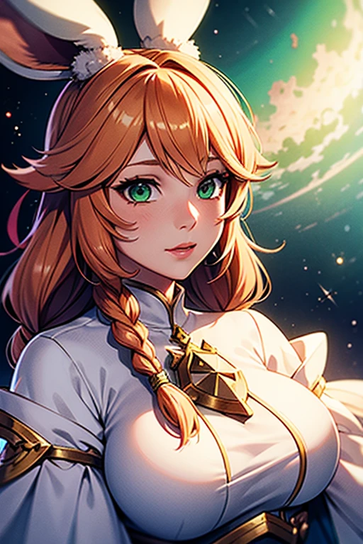 1girl, Viera Final Fantasy 14, White Mage job, White mage dress , Ginger Hair, Green eyes, Braided Hairr, Pale , No Ears; Portrait, In battle, Casting Spell,