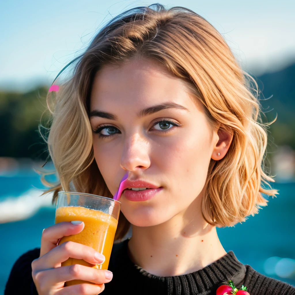 cute beautiful blonde wearing black sweater (drinking shake), very detailed, 21 years old, inoccent face, natural wave hair, blue eyes, high-res, masterpiece, best quality,intricate details, highly detailed,sharp focus, detailed skin,realistic skin texture,texture, detailed eyes, professional, 4k, charmer smile, shot on Canon, 85mm,shallow depth of field,kodak vision color, perfect fit body, extremely detailed, photo_\(ultra\), photorealistic, realistic, post-processing, max detail, roughness, real life, ultra realistic, photorealism, photography, 8k uhd, photography