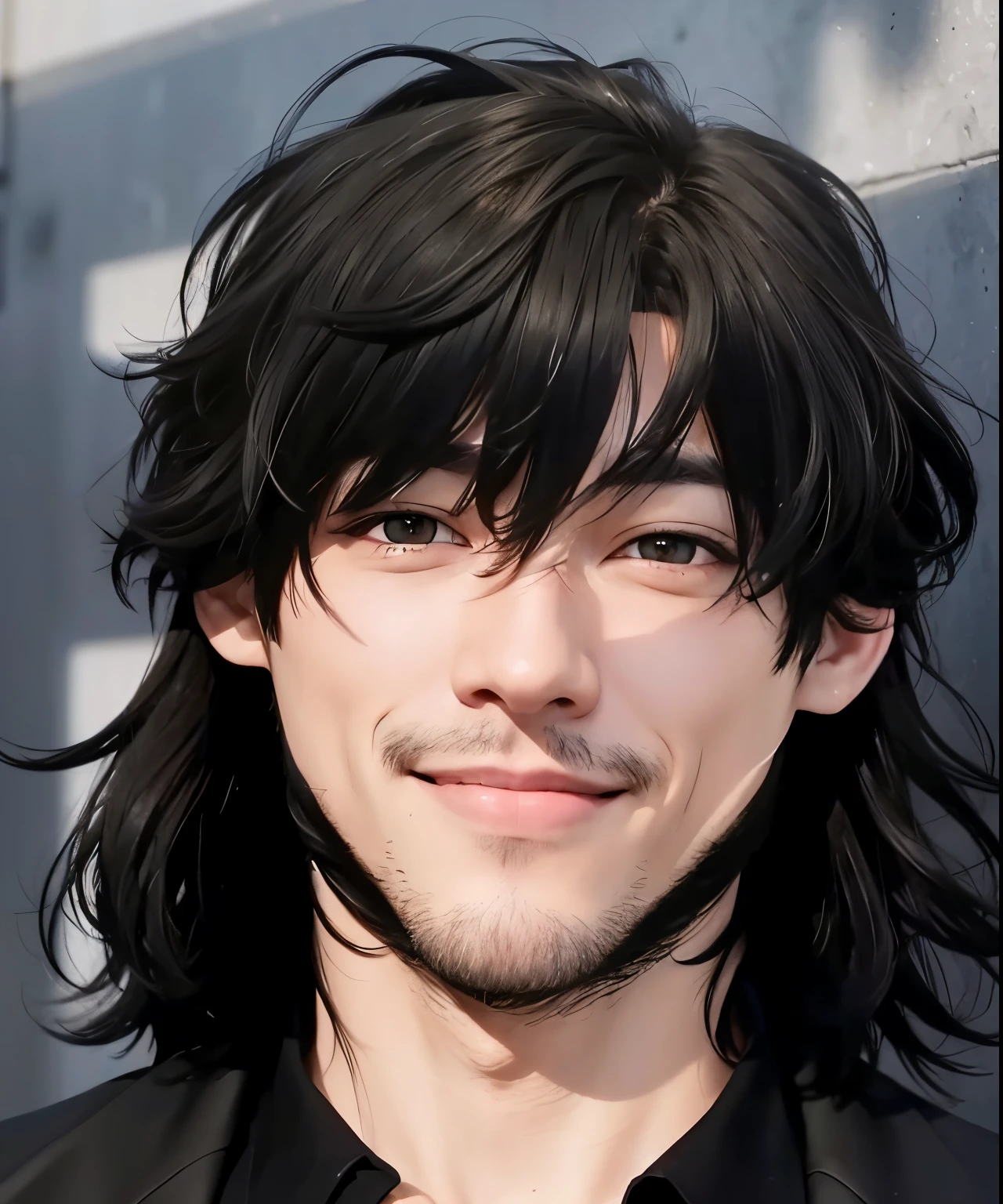A man with realistic short black hair, the same realistic hairstyle, realistic handsome face, realistic smiling expression, adapt the same realistic clothes,Realistic light, realistic shadows, realistic background, very good image results, 4k, ultra detailed, realistic