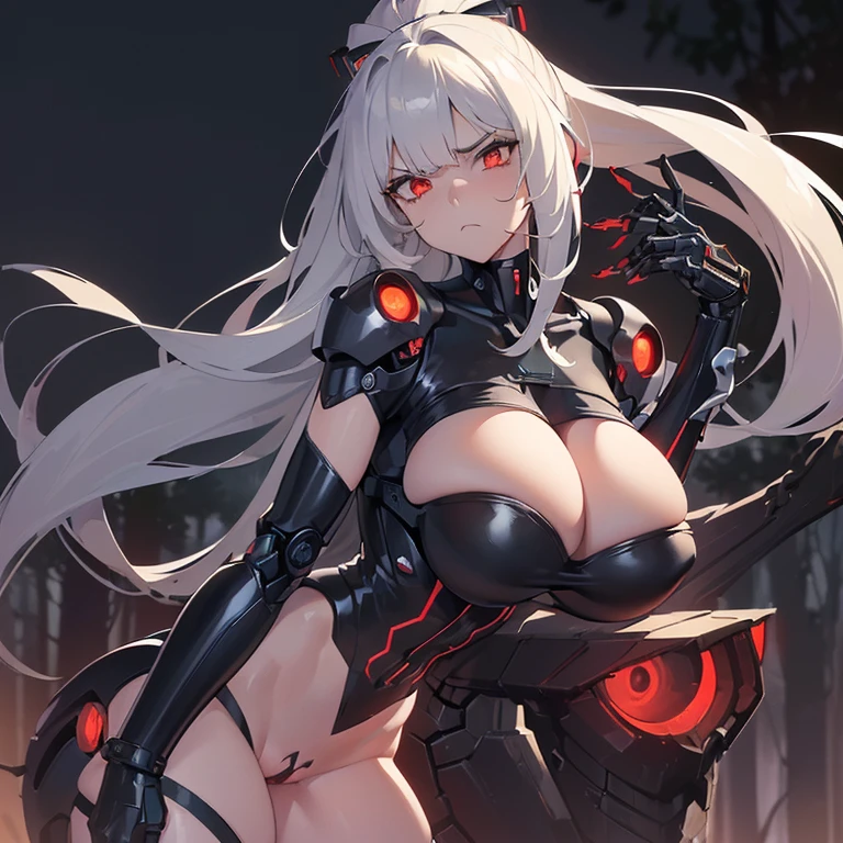 ((1 cyborg woman, bionic arms)),((gigantic breasts, naked breasts, open pussy, erect breasts, holding breasts, hand on pussy)),((close hair, very long black hair with ponytail and bangs covering it one eye, 1 red eye)),((serious face)),((stopping in a haunted forest, at night)),