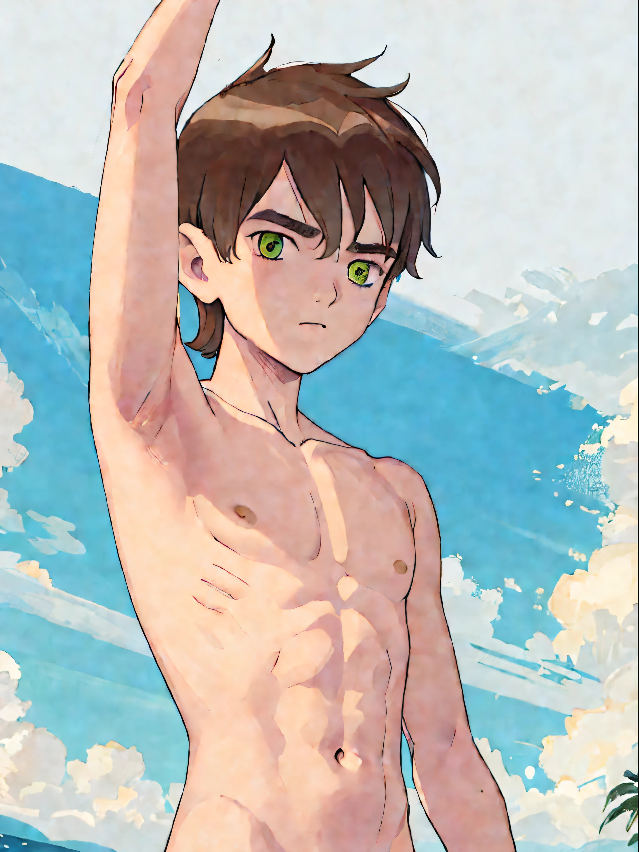 Highres, Masterpiece, Best quality at best,Best Quality, 1boy, bentennyson, green eyes, cargo pants, watch, (shirtless, topless, bare chest), close-up the body, upper body, the day, summer, (armpit)