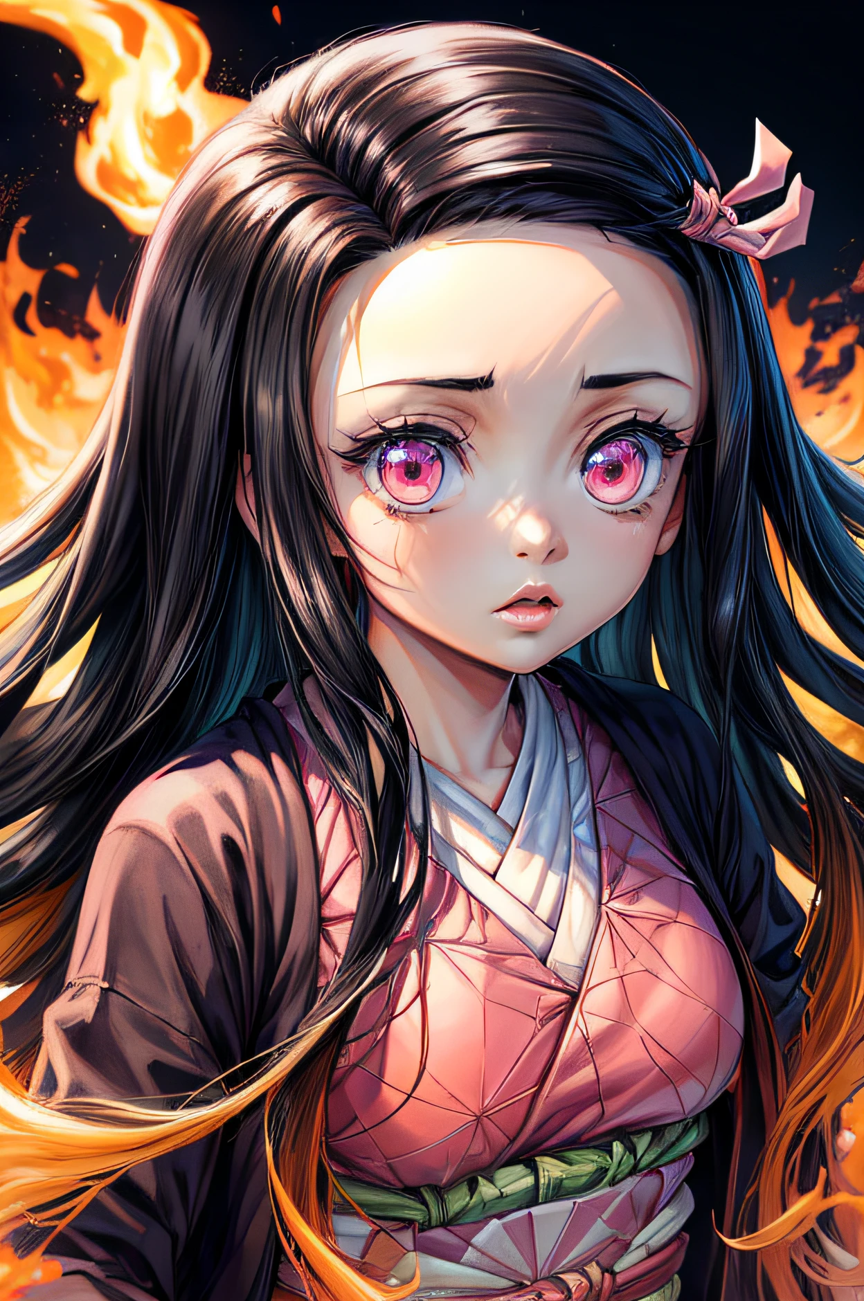 (Ultra Real), (Illustration), (High Resolution), (8K), (Very Detailed), (Best Illustration), (Beautiful Detailed Eyes), (Best Quality), (Ultra Detailed), (Masterpiece), (Wallpaper), (Detailed Face), Night Up Upper Body, ,Long Hair,Solo,Simple Kimono Top Girl, Sweaty, Japan Person, Big Tits, (fire) Nezuko Kamado, Red Eyes, (Nezuko kamado na her demonic form showing her giant, hairy , based on the Demon Slayer kimetsu no yaiba), whole body, (Beautiful Detailed Eyes)