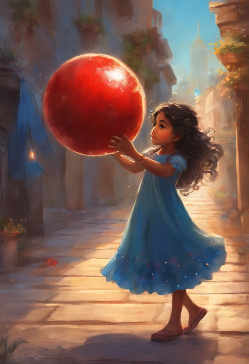 Little latina girl, playing with a small red ball, on the sidewalk, blue dress with white dots